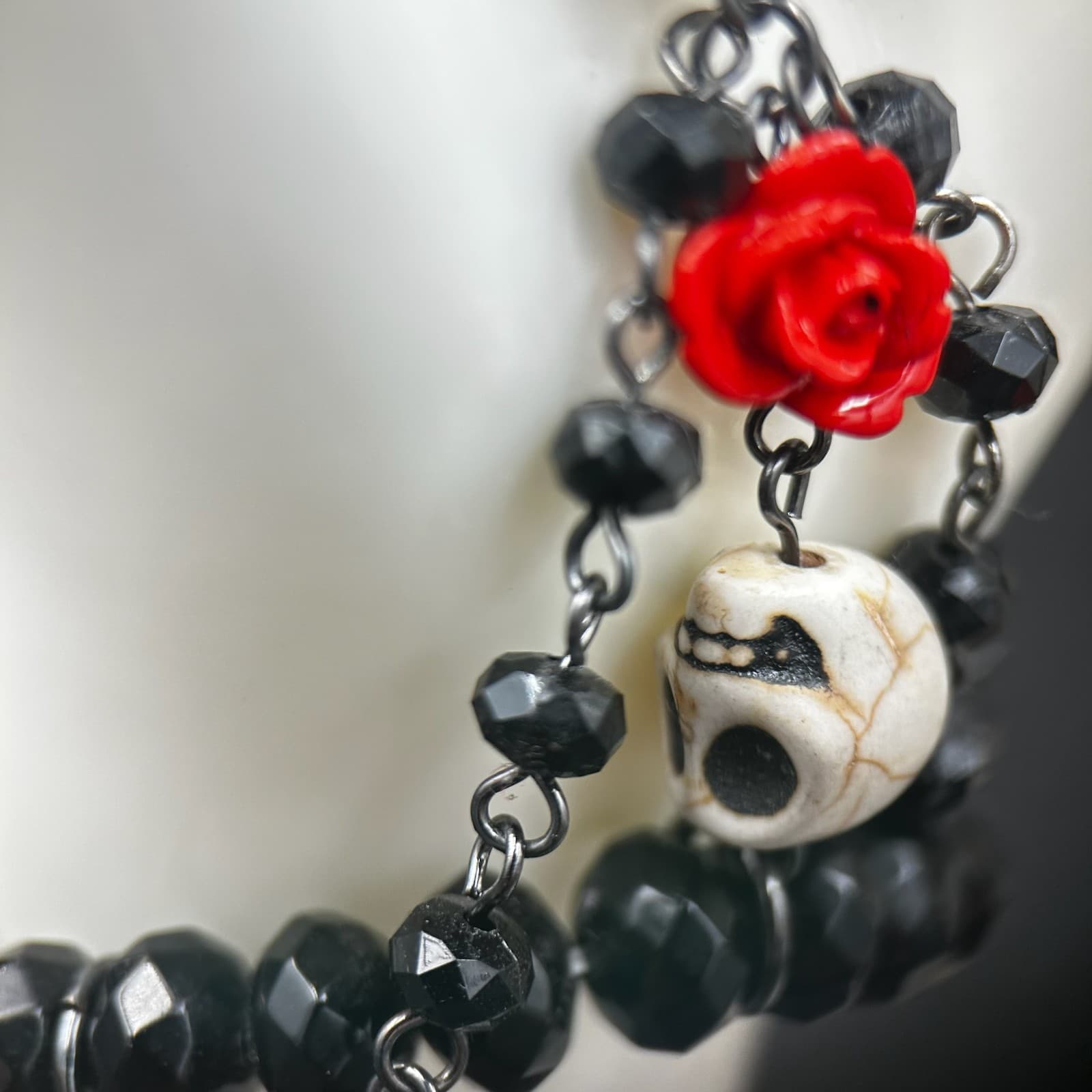 Vintage Day of the Dead Aesthetic Skull & Red Rose Hand Chain Bracelet 6.5" - Thumbnail 2