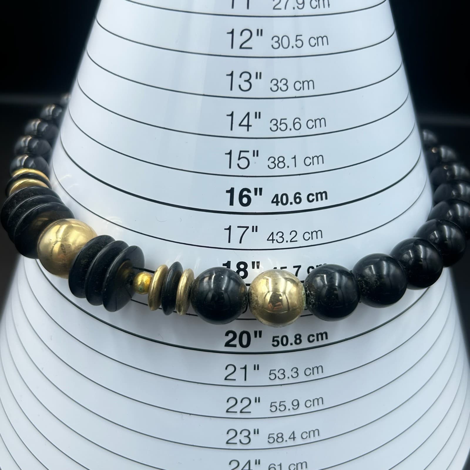 Vintage Gold and Black Onyx Tone Beaded Necklace Fashion Jewelry Disc & Oval 22" - Thumbnail 6