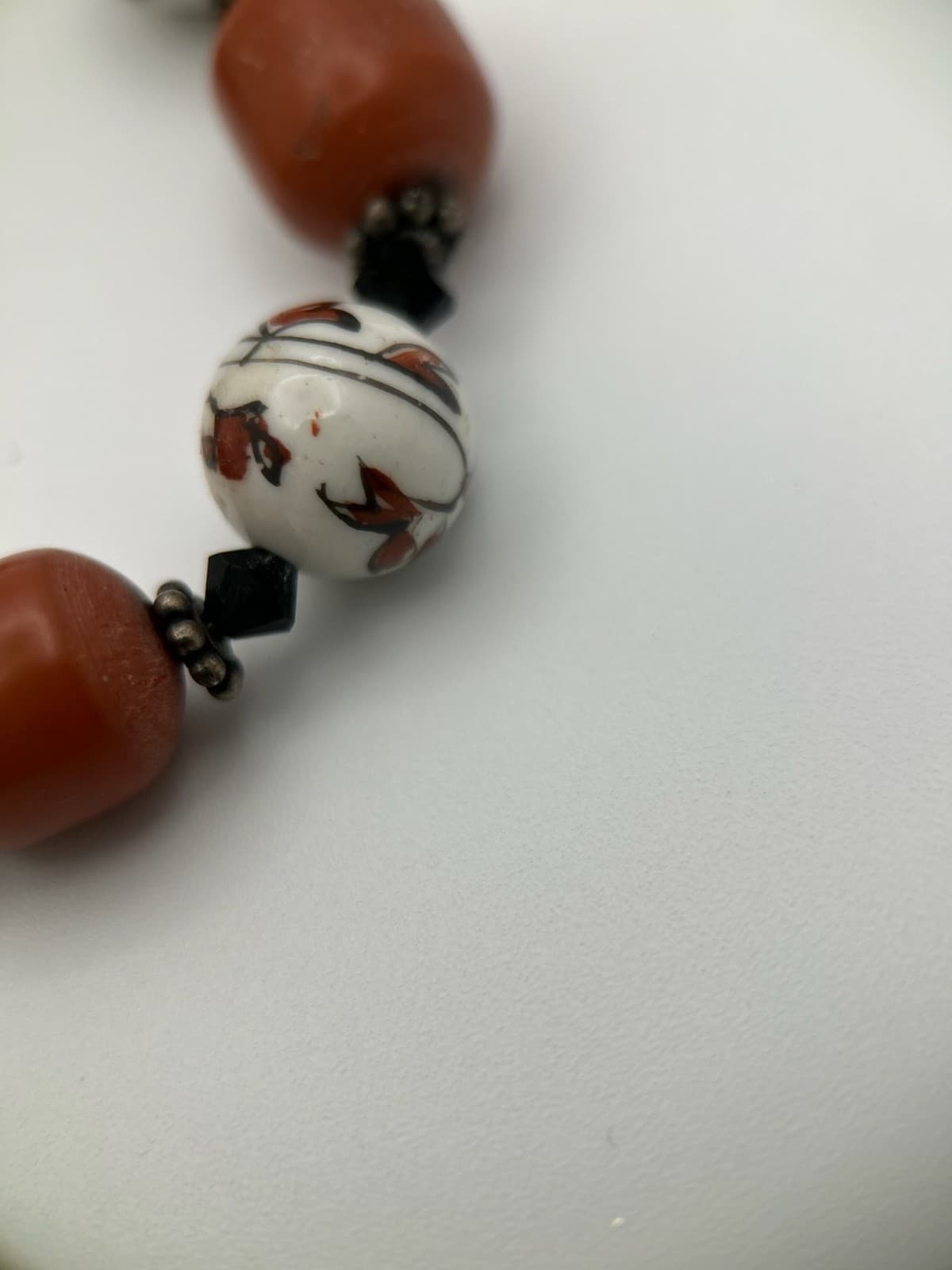 Vintage Beaded Bracelet Brown Glass & Hand-Painted Ceramic Floral Beads - Thumbnail 3