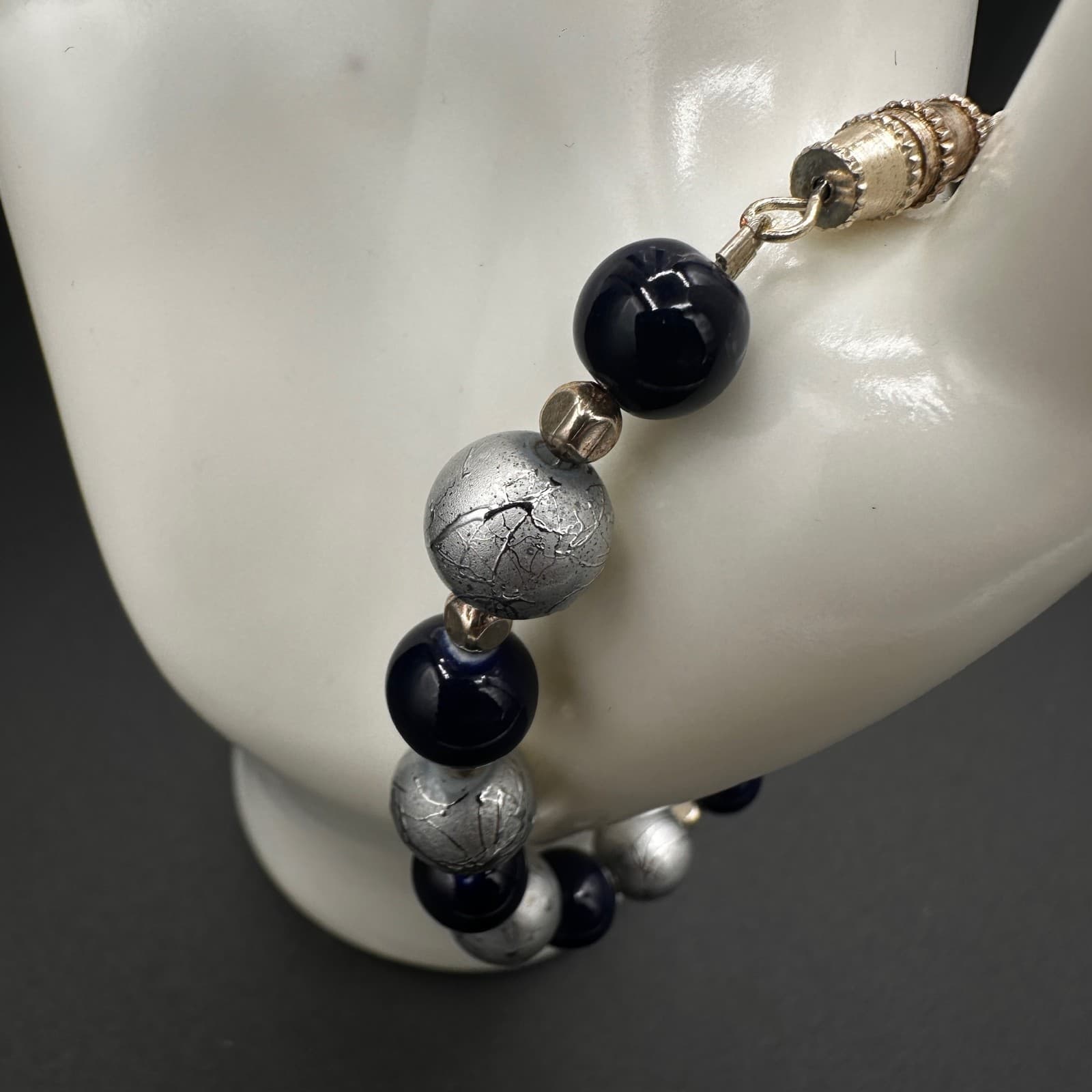 Vintage Handmade Blue & Silver Beaded Crystal Pearl Bracelet Boho Style 7'' - Thumbnail 5