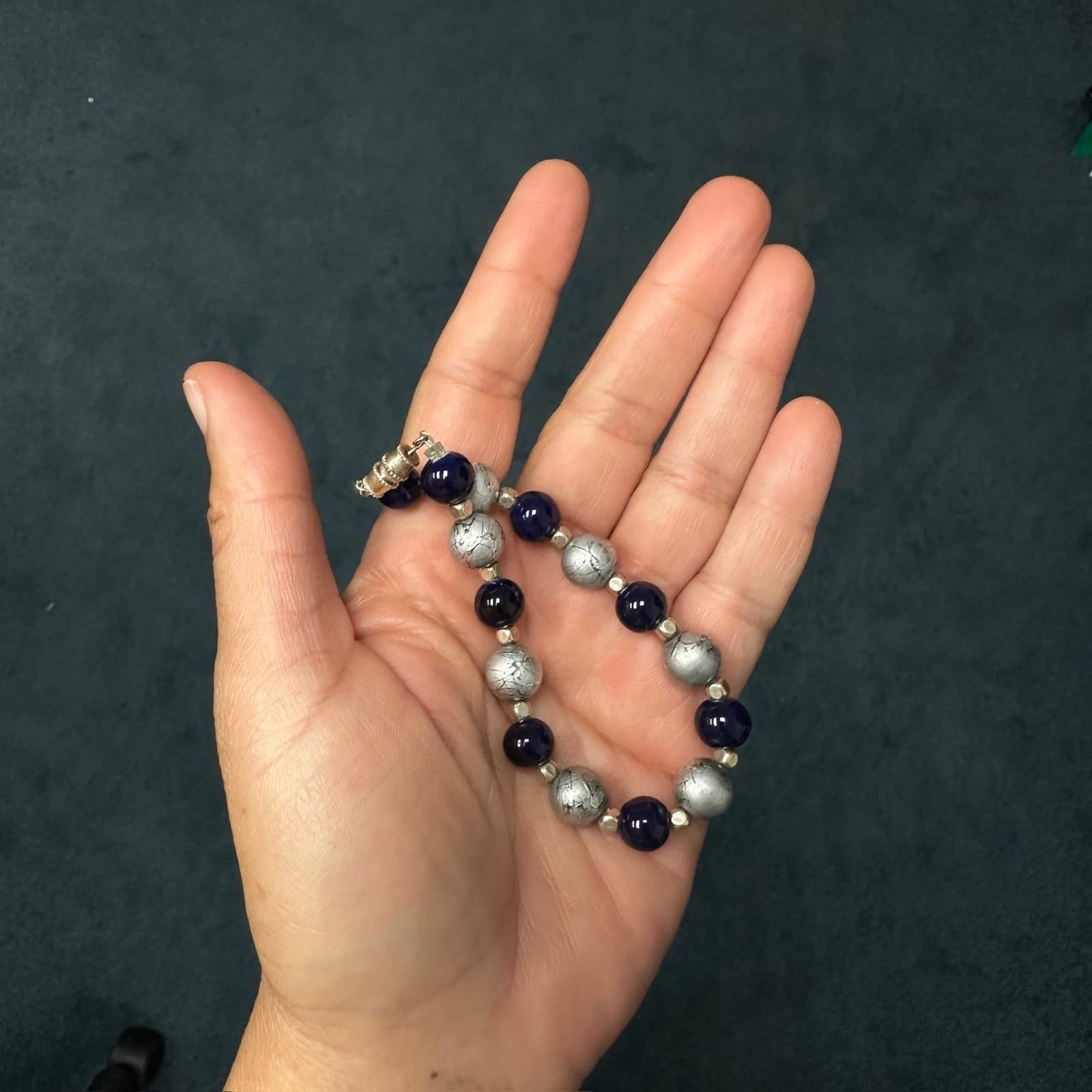 Vintage Handmade Blue & Silver Beaded Crystal Pearl Bracelet Boho Style 7'' - Thumbnail 6