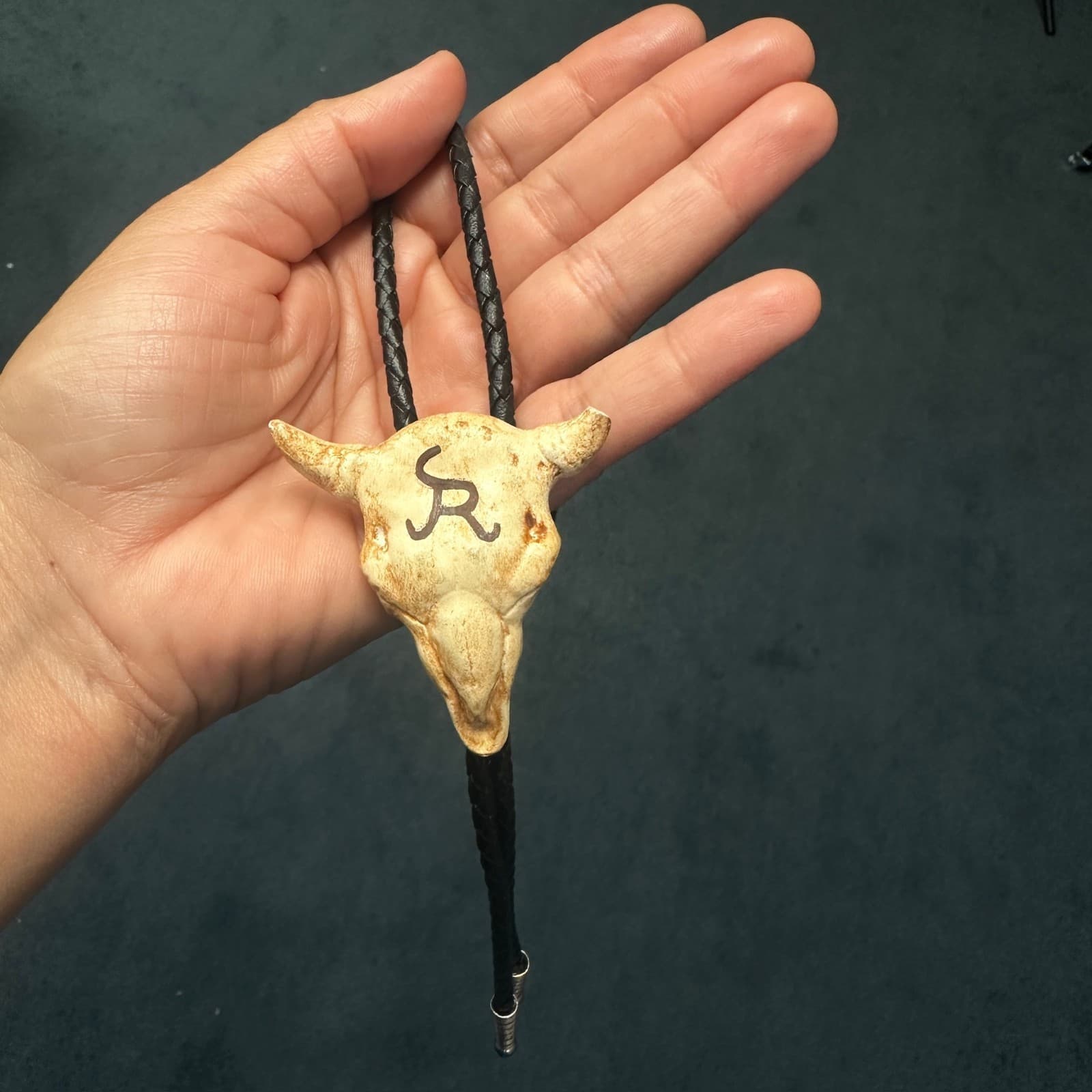 Vintage Bolo Tie Cow Skull Head Cowboy Western Black Leather 36'' - Thumbnail 7