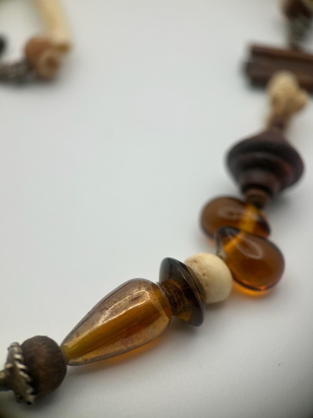 Vintage Tribal Beaded Necklace Amber Bone Ethnic Boho Pendant Jewelry - Thumbnail 3