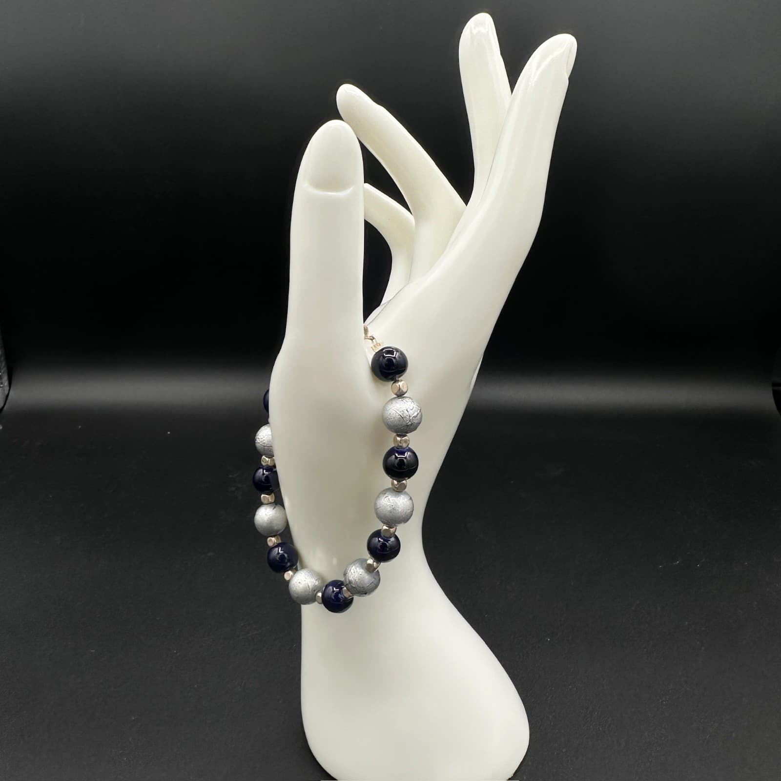 Vintage Handmade Blue & Silver Beaded Crystal Pearl Bracelet Boho Style 7'' - Thumbnail 2