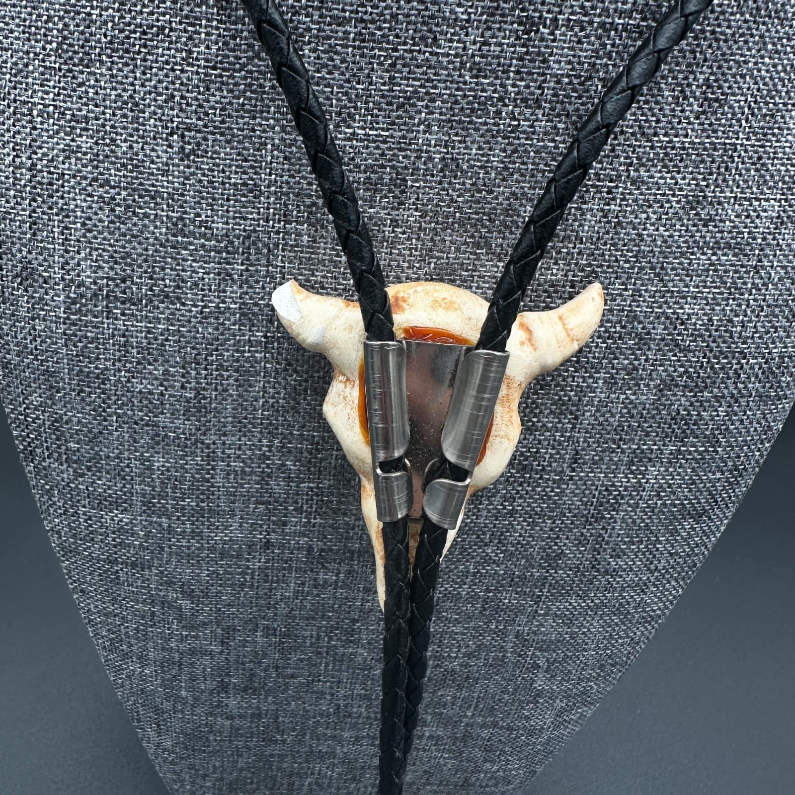 Vintage Bolo Tie Cow Skull Head Cowboy Western Black Leather 36'' - Thumbnail 6