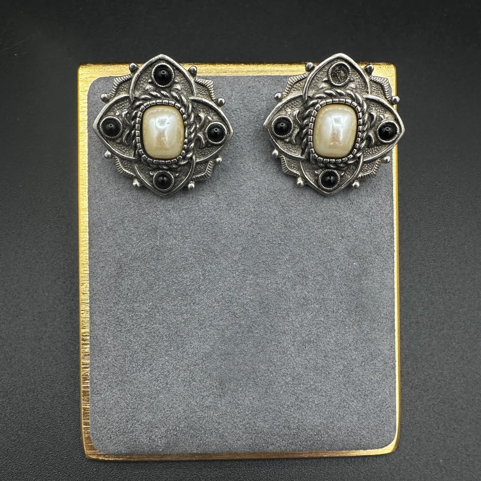 Vintage Ornate Clip-On Earrings White Stones Boho Style .75'' 80s 90s - Thumbnail 2