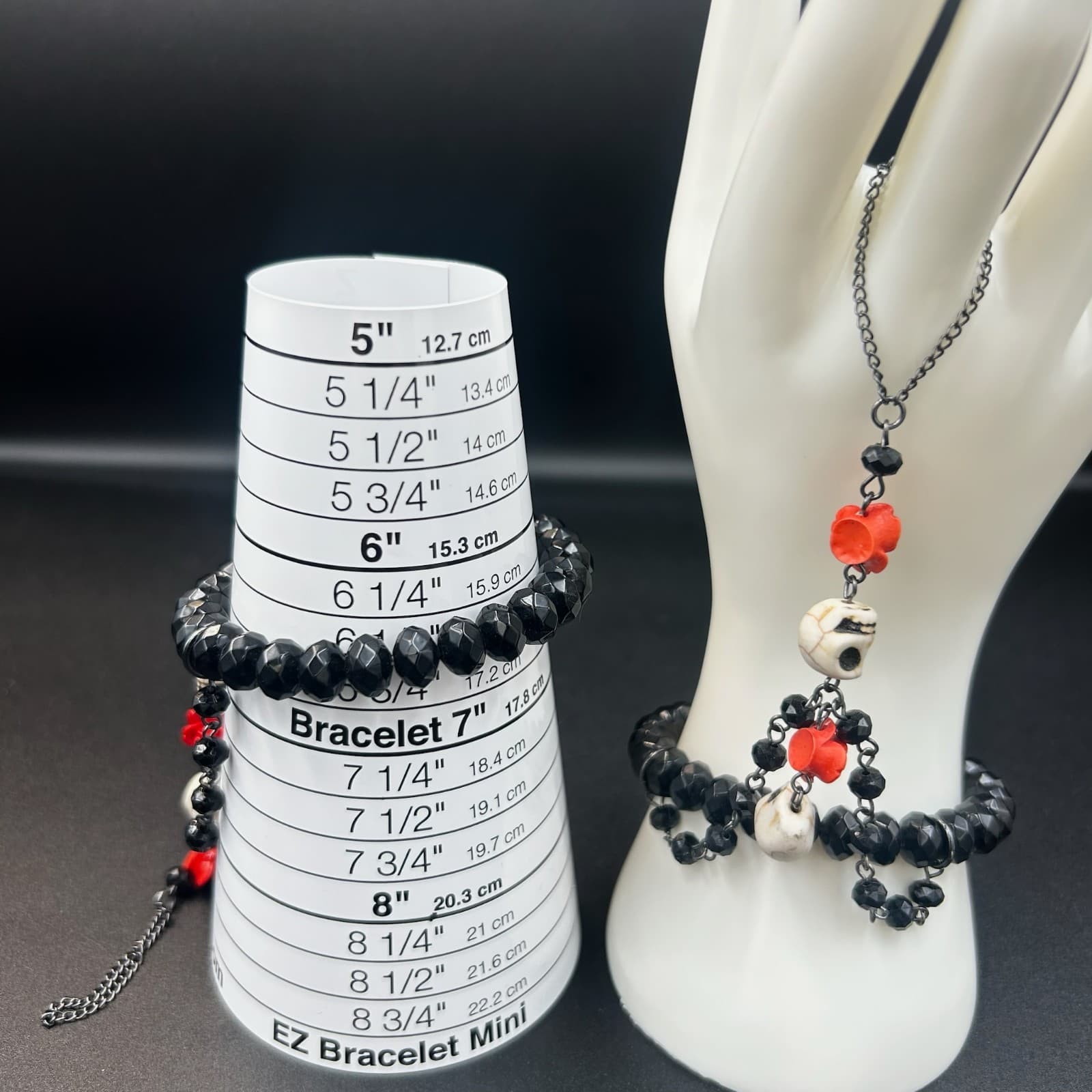 Vintage Day of the Dead Aesthetic Skull & Red Rose Hand Chain Bracelet 6.5" - Thumbnail 10