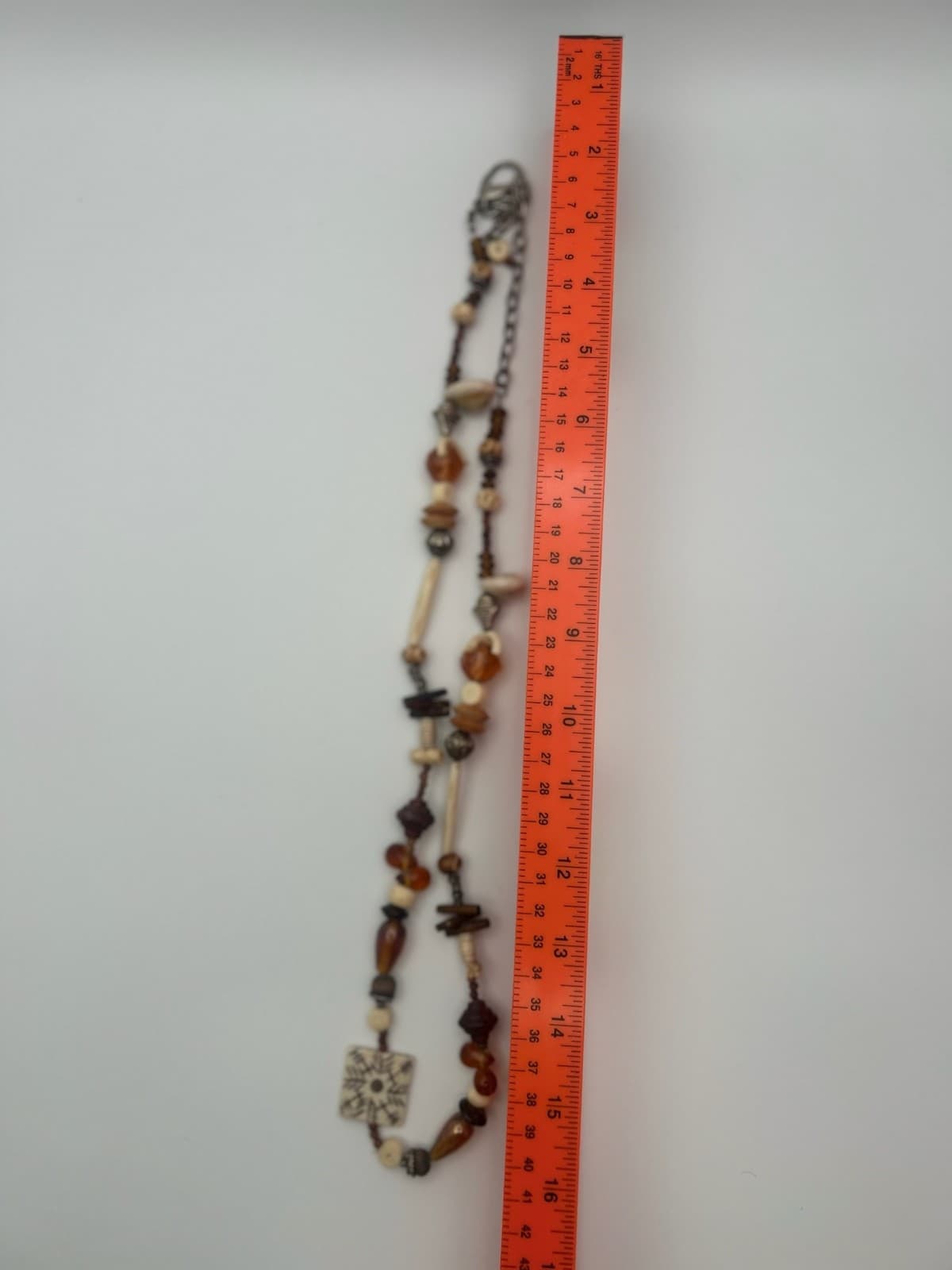 Vintage Tribal Beaded Necklace Amber Bone Ethnic Boho Pendant Jewelry - Thumbnail 12