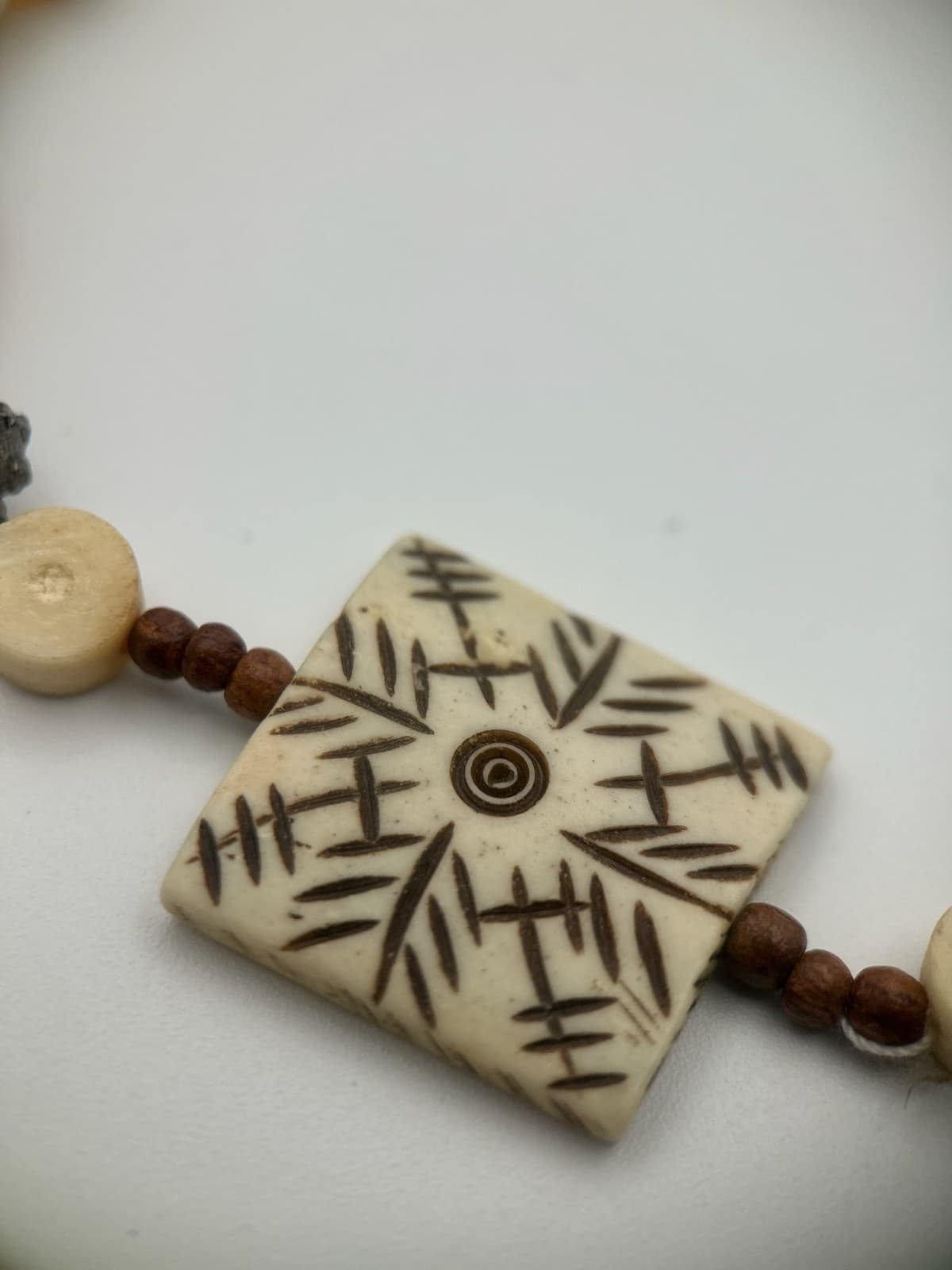 Vintage Tribal Beaded Necklace Amber Bone Ethnic Boho Pendant Jewelry - Thumbnail 4