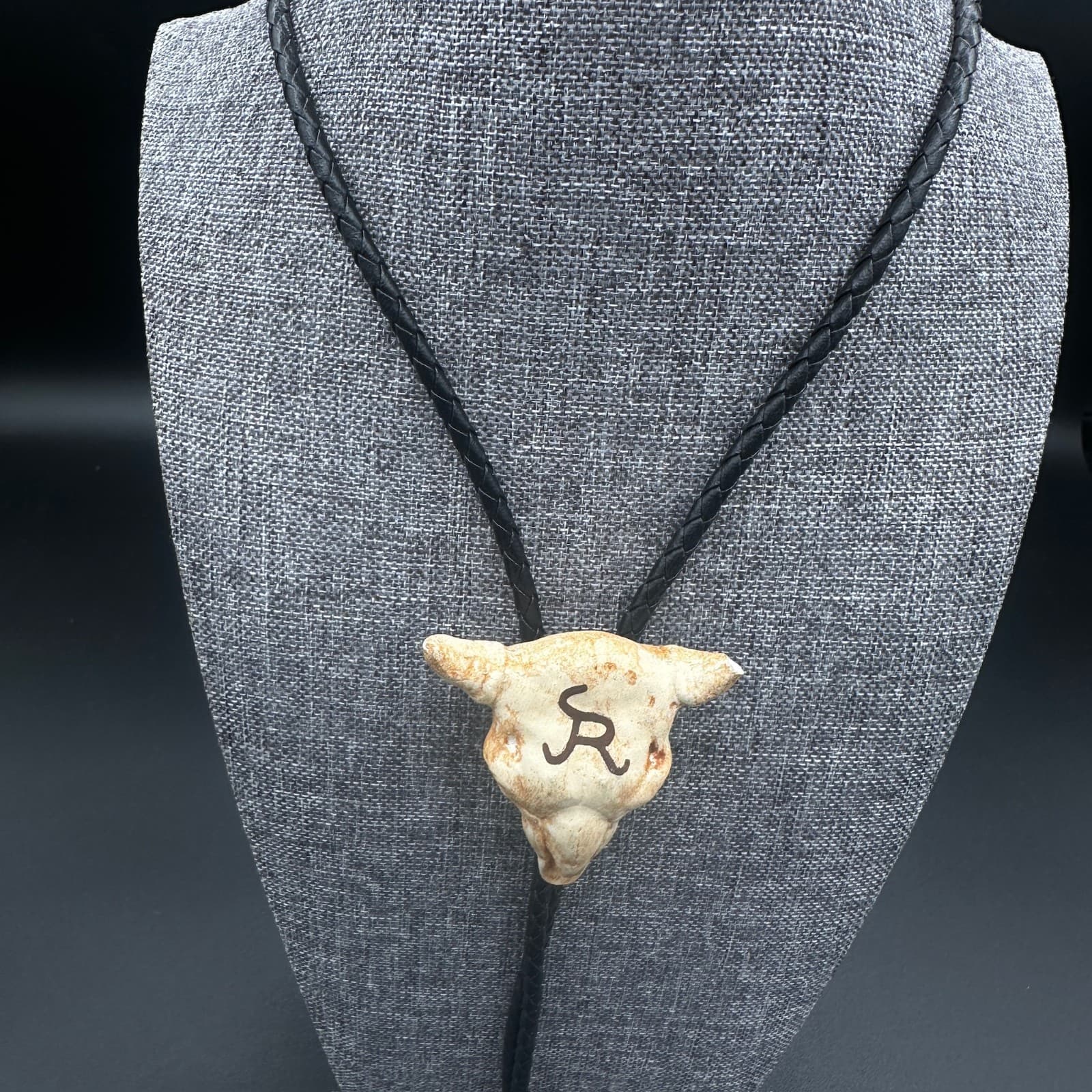 Vintage Bolo Tie Cow Skull Head Cowboy Western Black Leather 36'' - Thumbnail 3