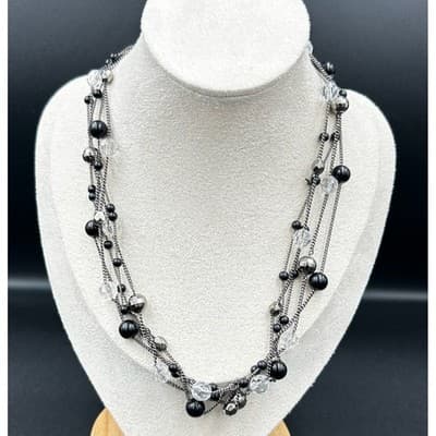 Vintage Glass & Crystal Beaded Multi-Strand Necklace Black & Clear Y2K 90s 2000s - Thumbnail 2