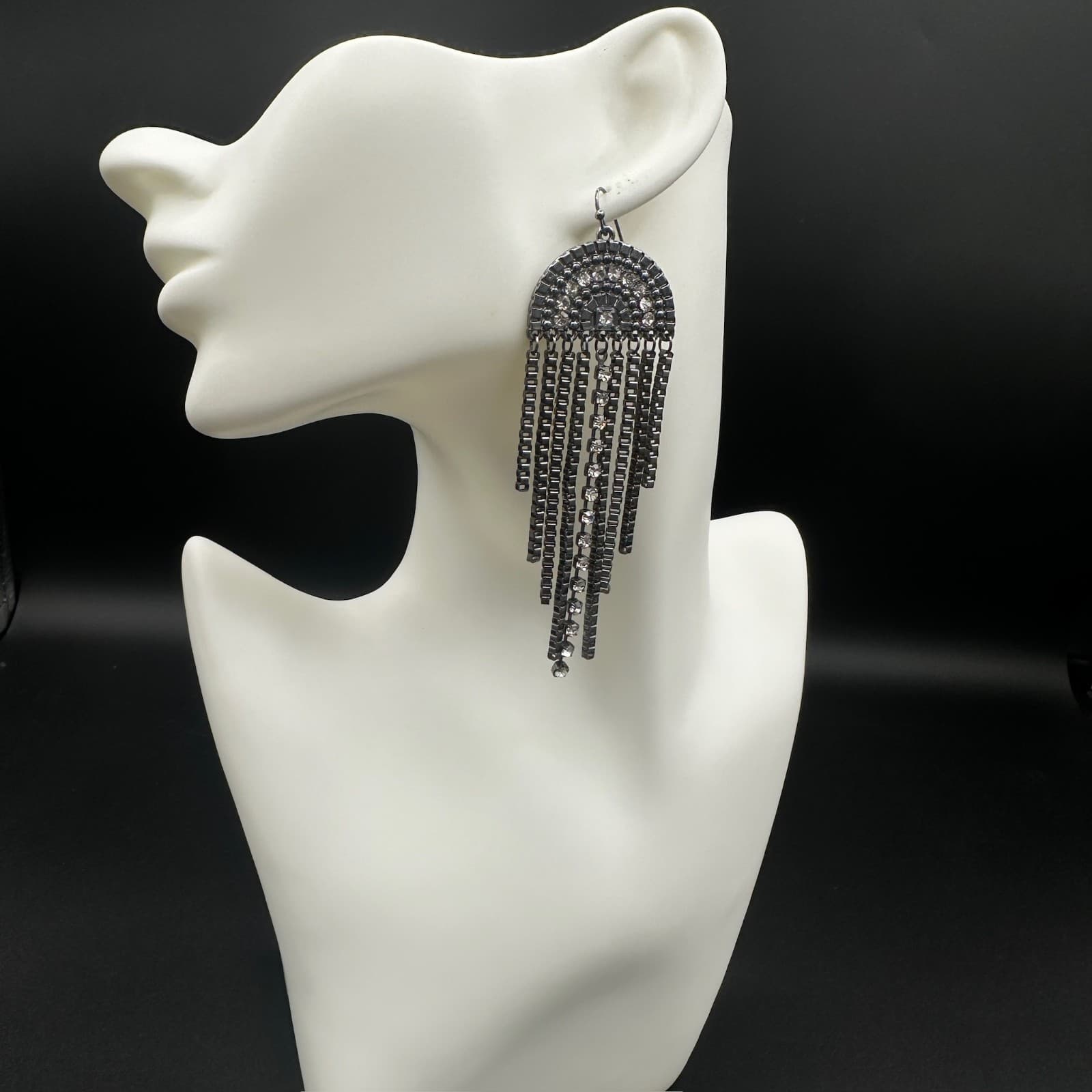 Vintage Black Dangle Glass Crystal Pageant Rhinestone Earrings Y2K 90s 2000s - Thumbnail 2