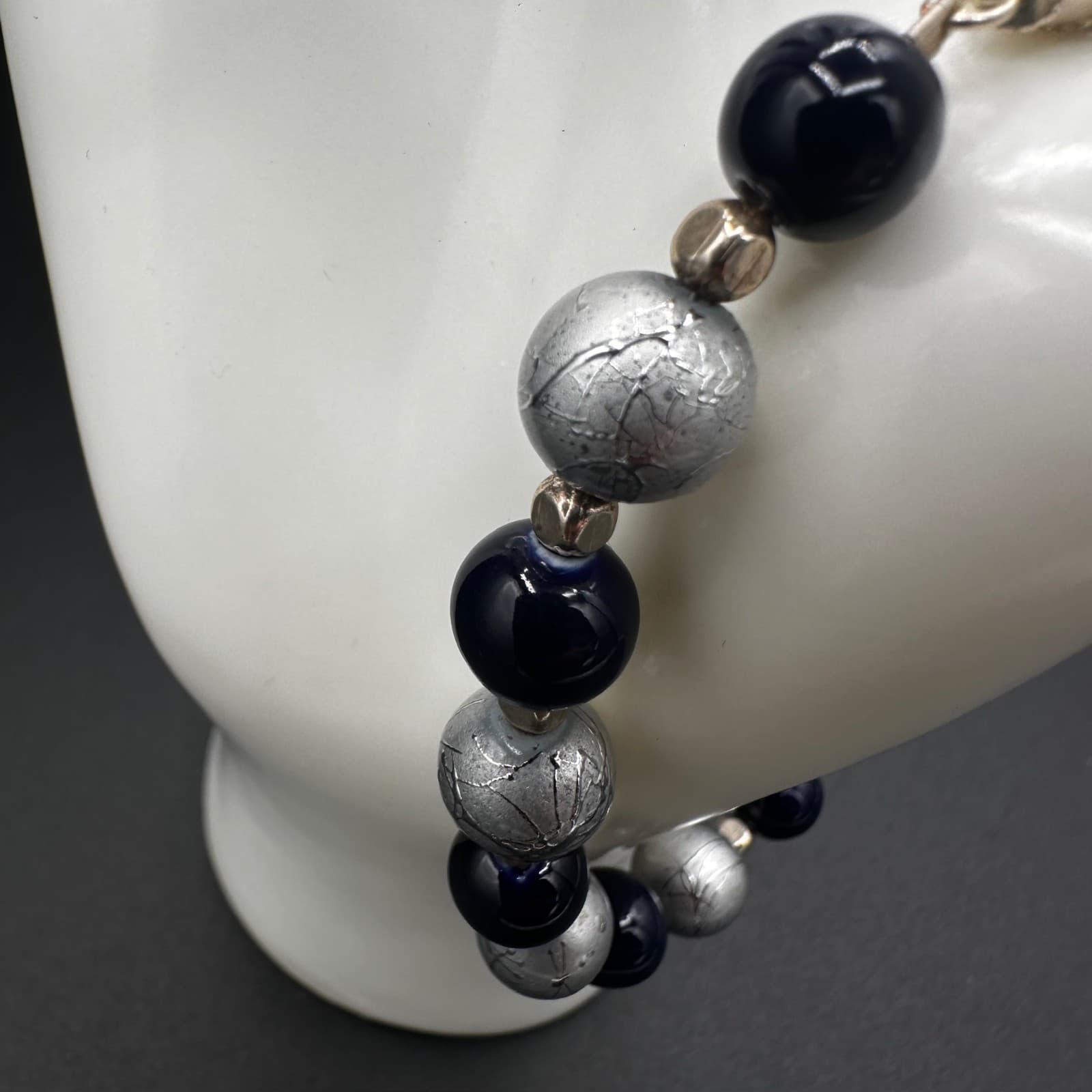 Vintage Handmade Blue & Silver Beaded Crystal Pearl Bracelet Boho Style 7'' - Thumbnail 4