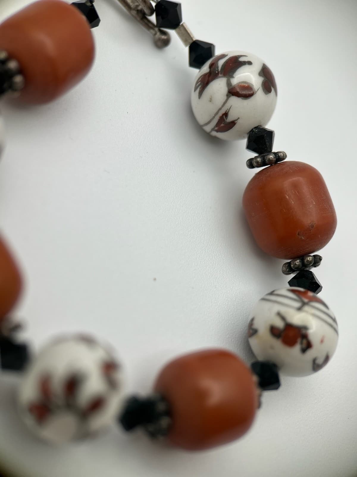 Vintage Beaded Bracelet Brown Glass & Hand-Painted Ceramic Floral Beads - Thumbnail 5