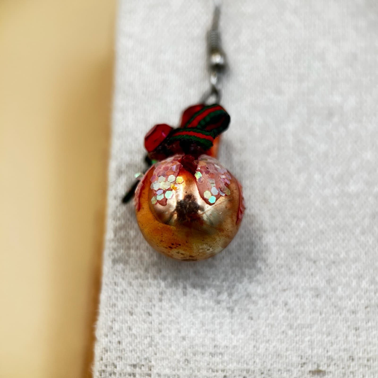 Vintage Handmade Holiday Red & Gold Bead Dangle Earrings with Ribbon Bow Accent - Thumbnail 2