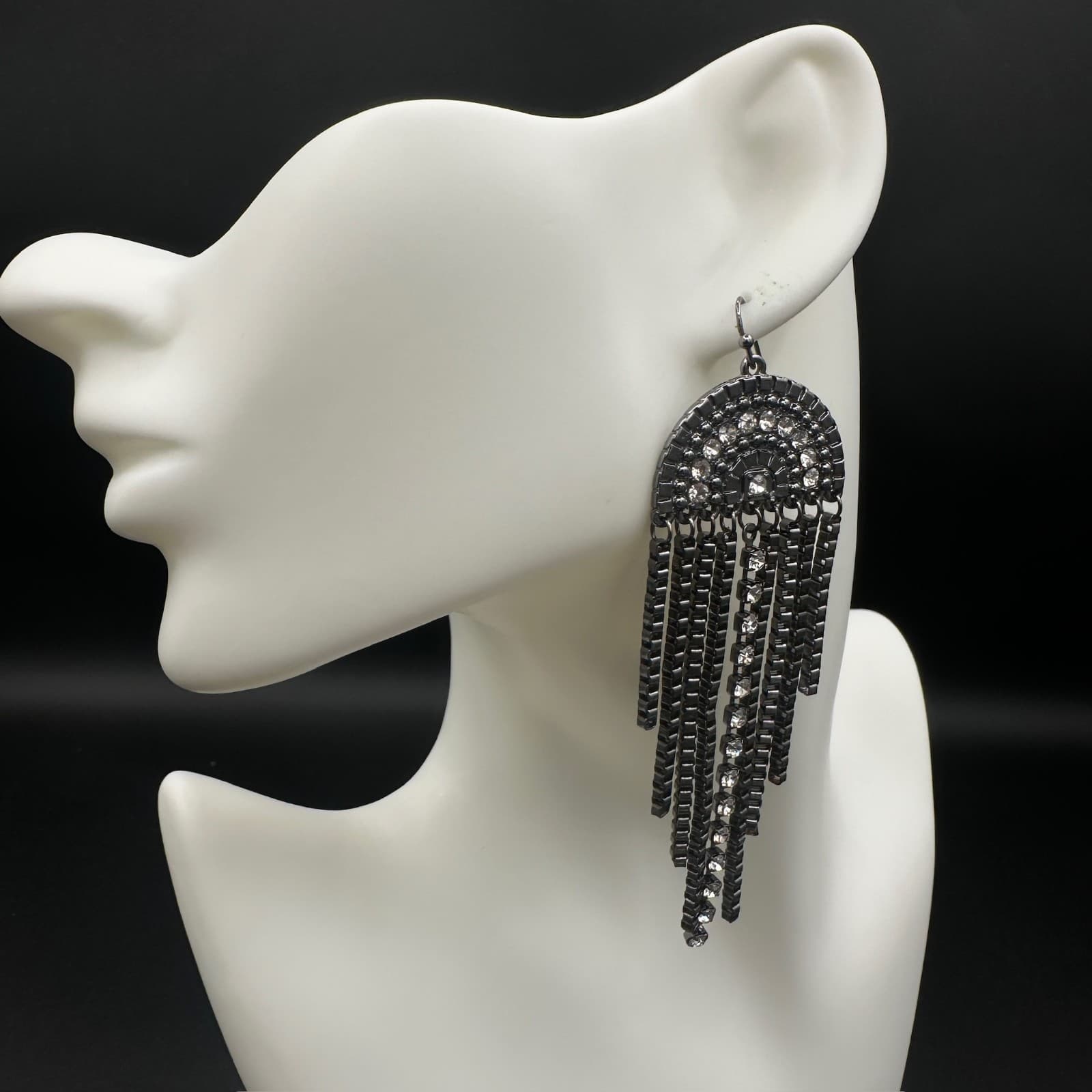 Vintage Black Dangle Glass Crystal Pageant Rhinestone Earrings Y2K 90s 2000s - Thumbnail 3