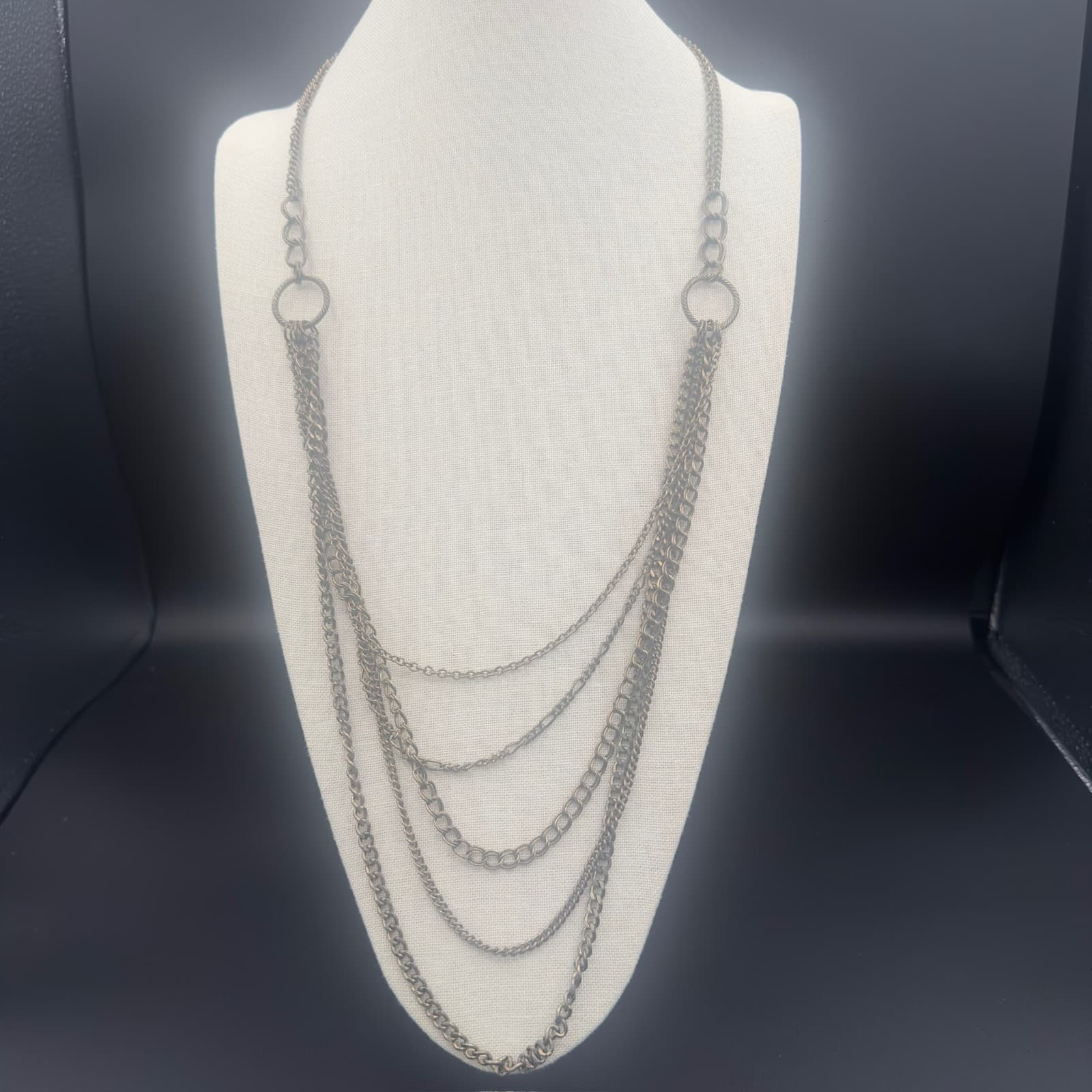 Vintage Multi Strand Necklace Asymmetrical Silver Tone Station and Link Chains - Image 1