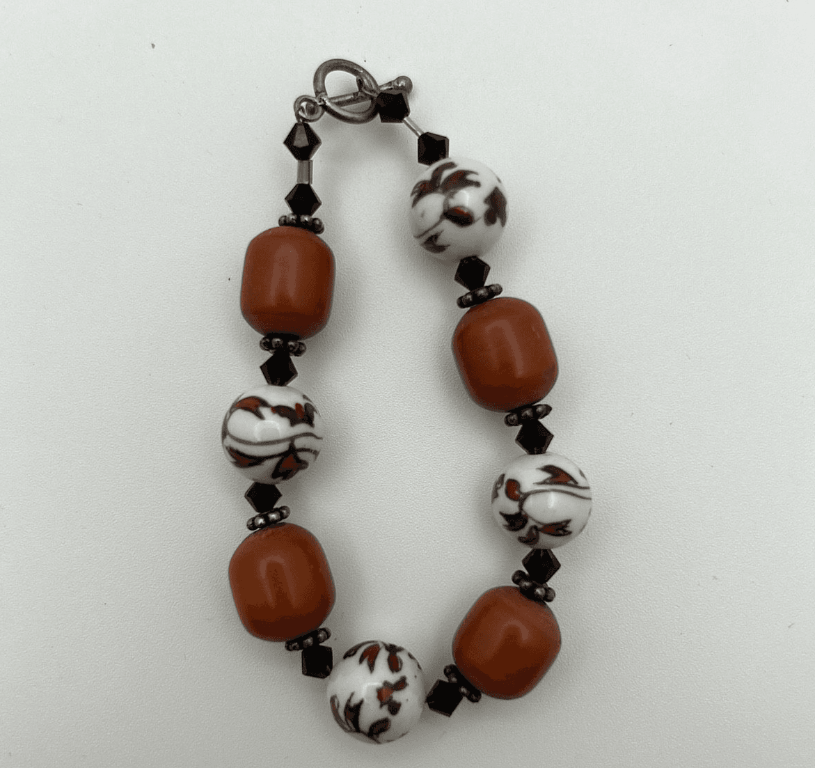 Vintage Beaded Bracelet Brown Glass & Hand-Painted Ceramic Floral Beads - Thumbnail 2