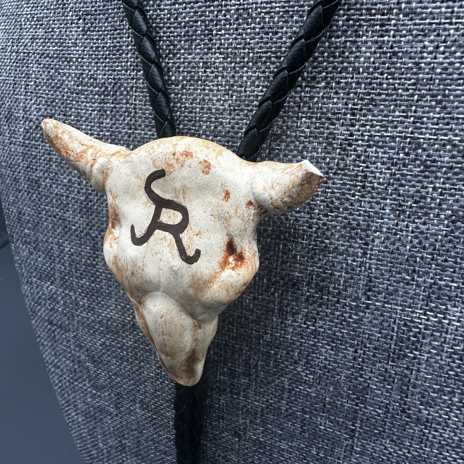 Vintage Bolo Tie Cow Skull Head Cowboy Western Black Leather 36'' - Thumbnail 5