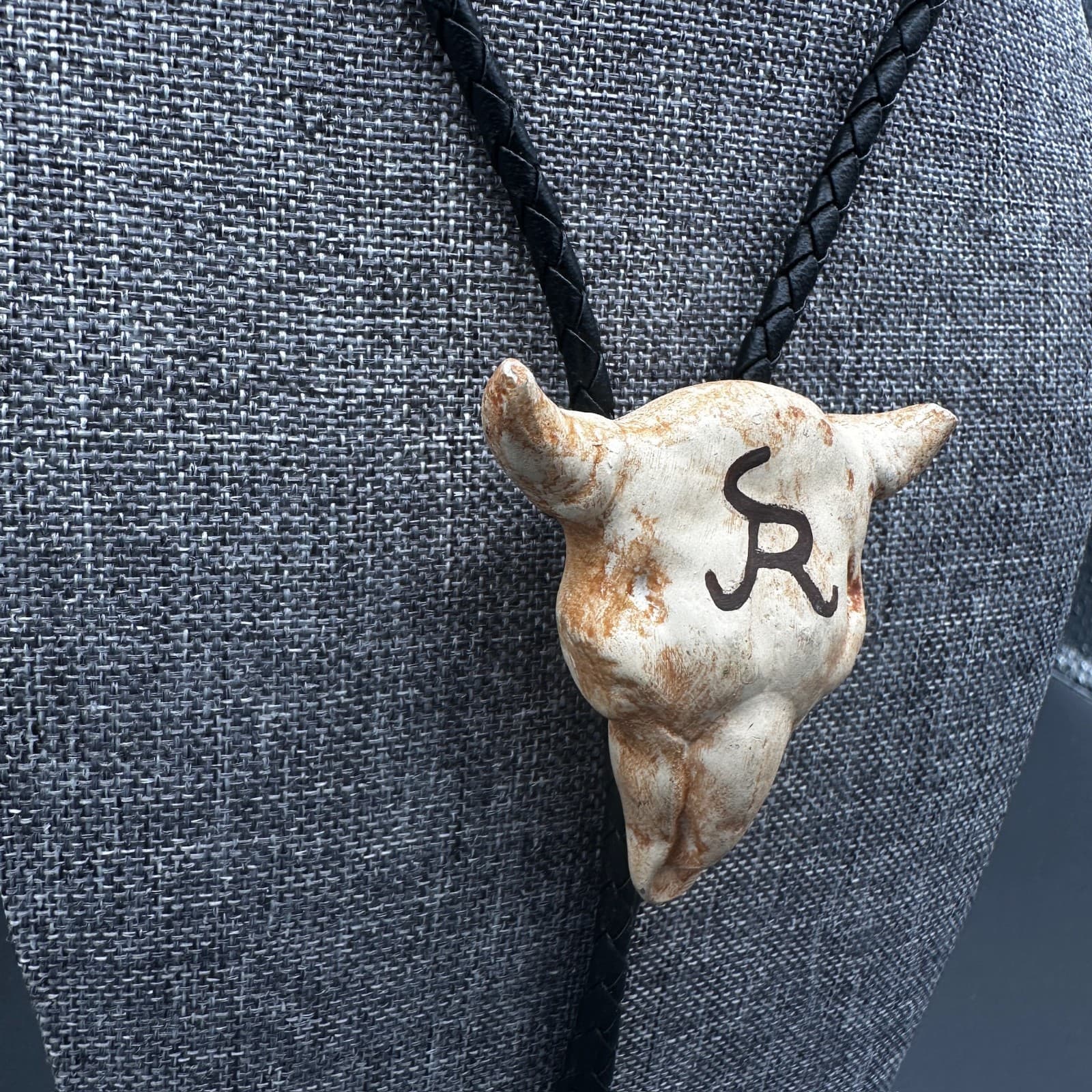 Vintage Bolo Tie Cow Skull Head Cowboy Western Black Leather 36'' - Thumbnail 4