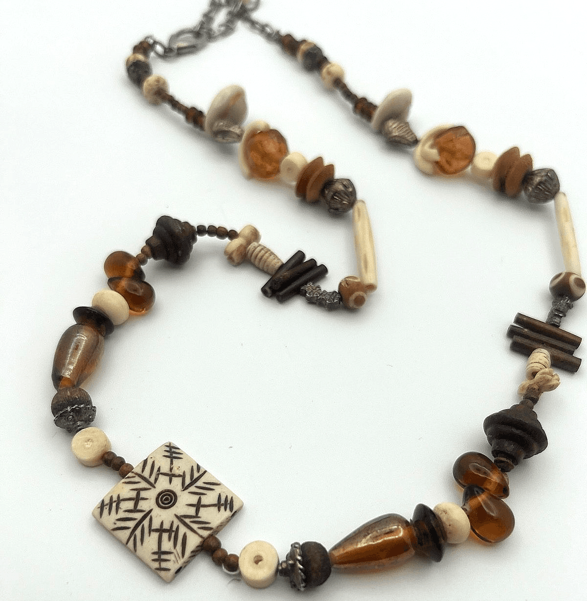 Vintage Tribal Beaded Necklace Amber Bone Ethnic Boho Pendant Jewelry - Image 1