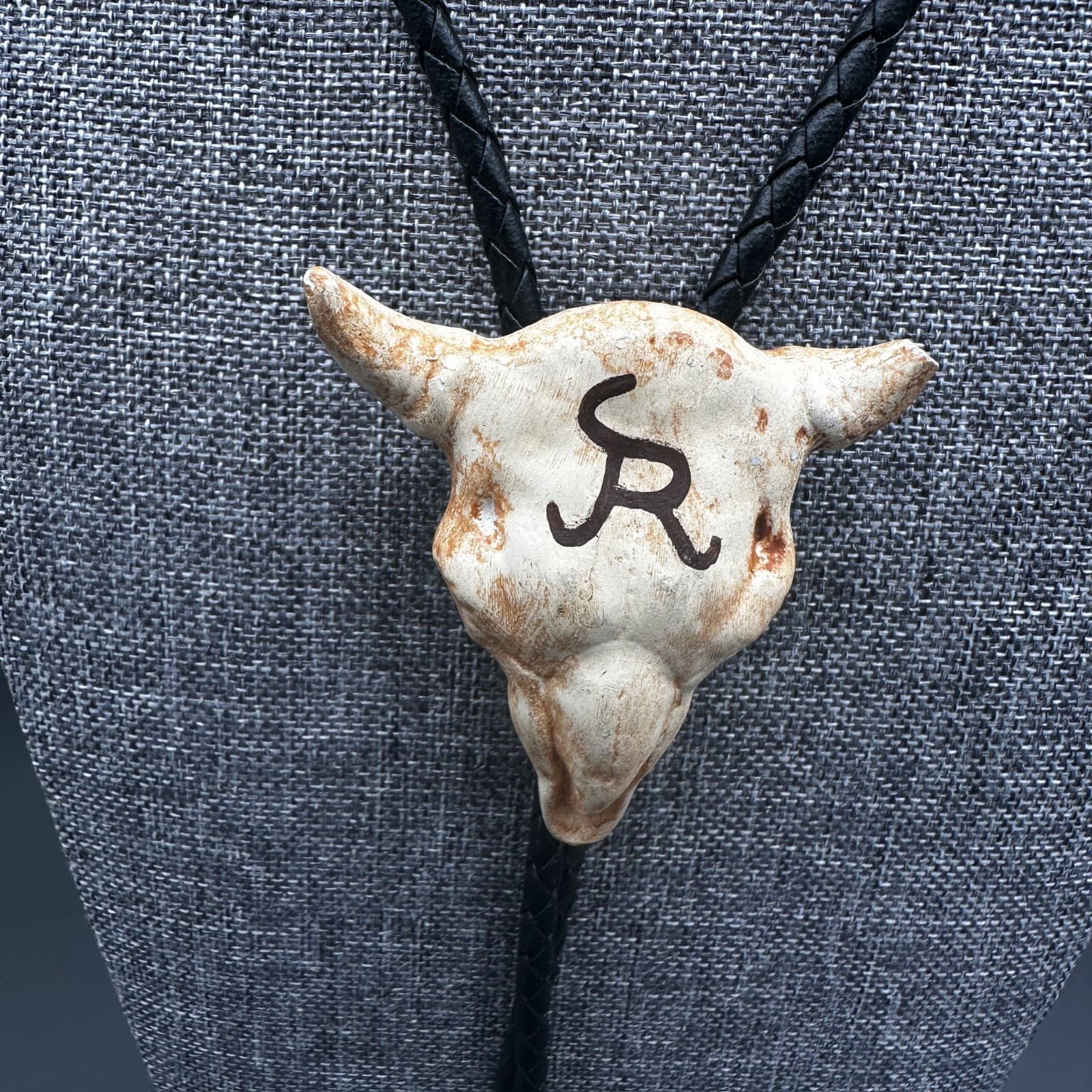 Vintage Bolo Tie Cow Skull Head Cowboy Western Black Leather 36'' - Image 1