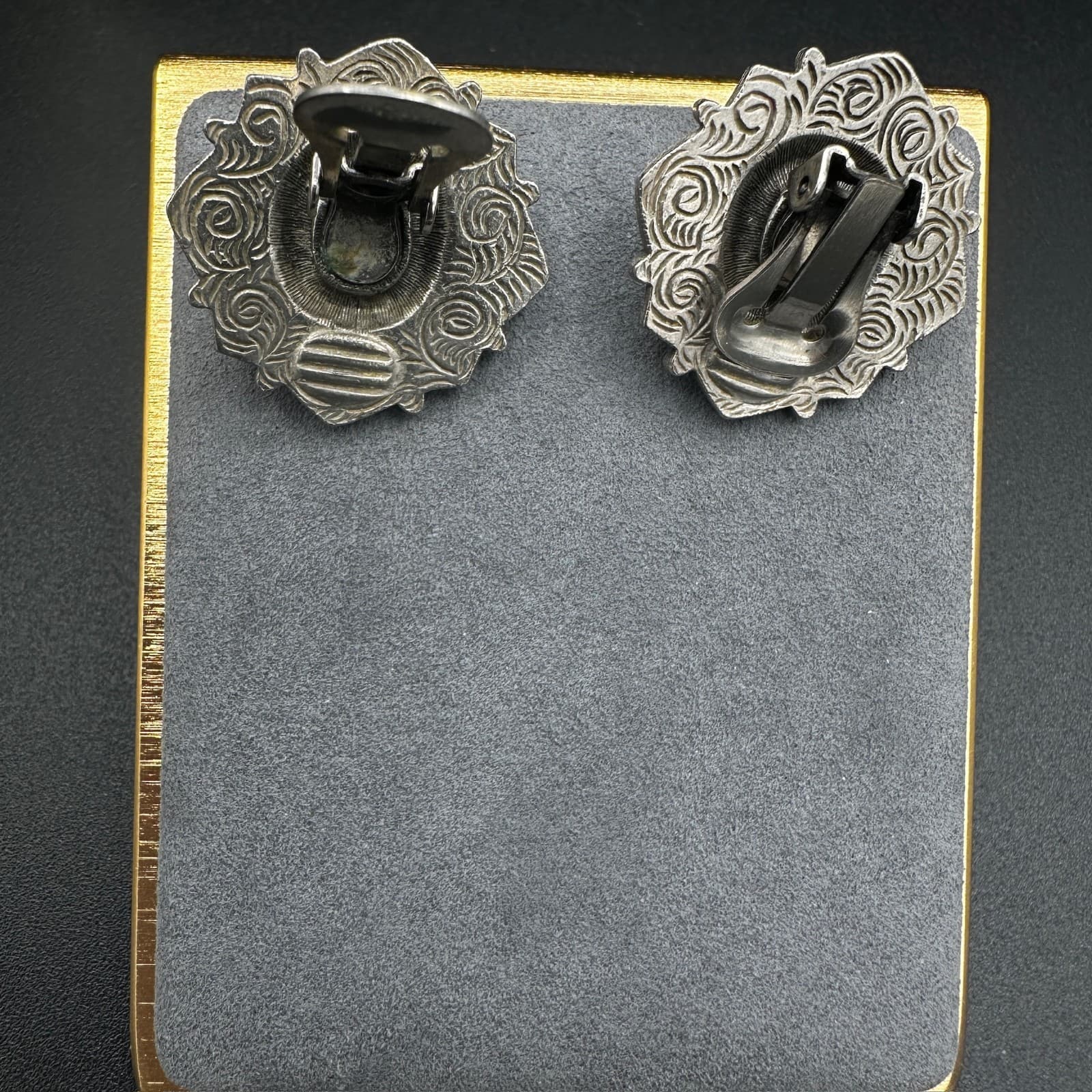 Vintage Ornate Clip-On Earrings White Stones Boho Style .75'' 80s 90s - Thumbnail 3