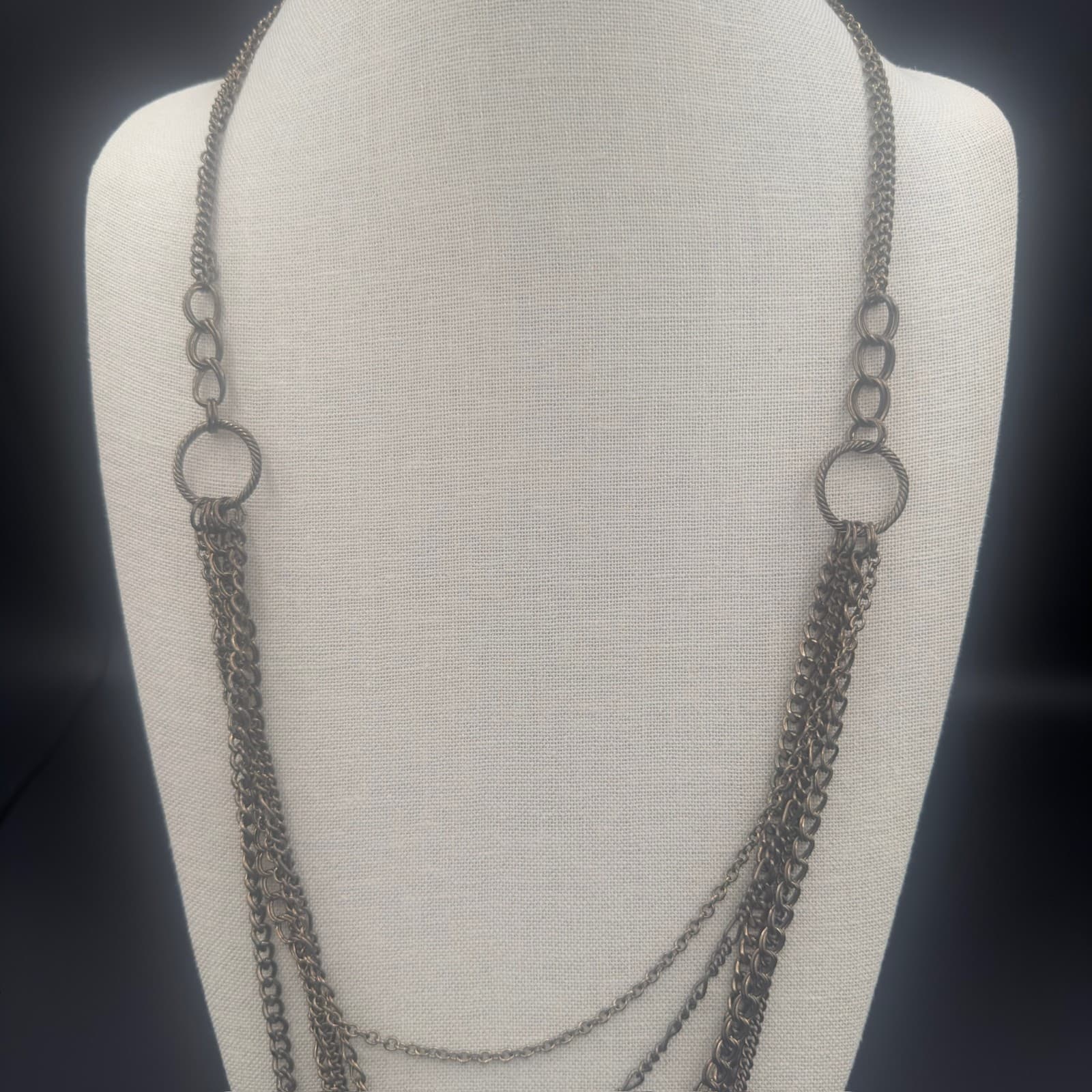 Vintage Multi Strand Necklace Asymmetrical Silver Tone Station and Link Chains - Thumbnail 2