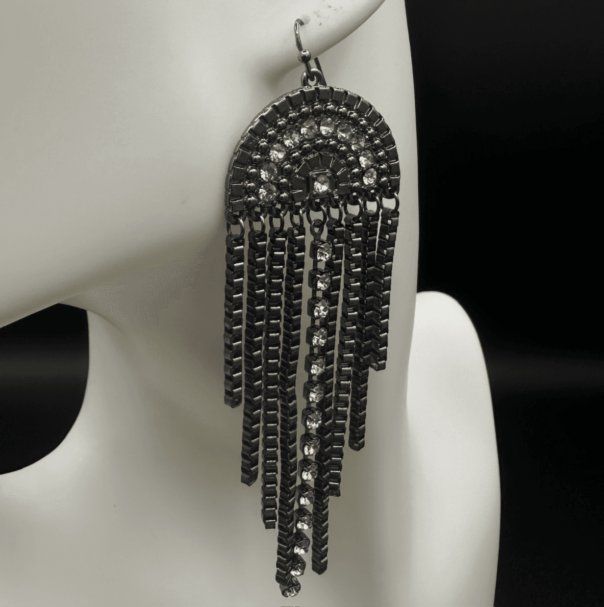 Vintage Black Dangle Glass Crystal Pageant Rhinestone Earrings Y2K 90s 2000s - Image 1