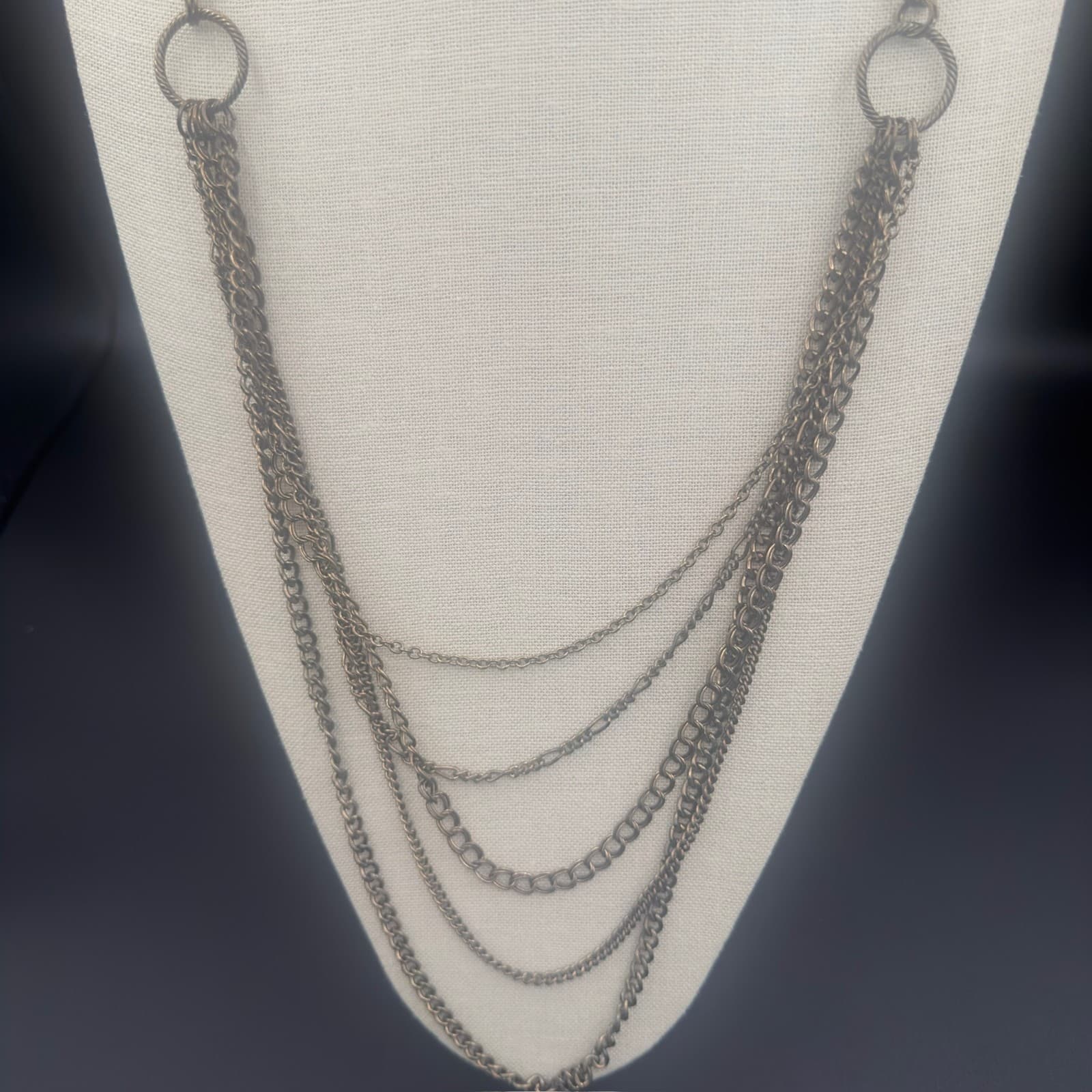 Vintage Multi Strand Necklace Asymmetrical Silver Tone Station and Link Chains - Thumbnail 3