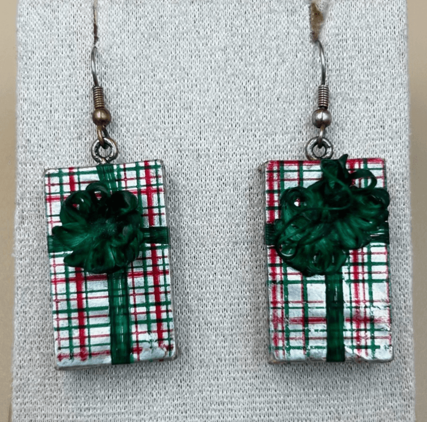 Vintage Christmas Gift Box Dangle Earrings with Green Ribbon Holiday Jewelry - Image 1