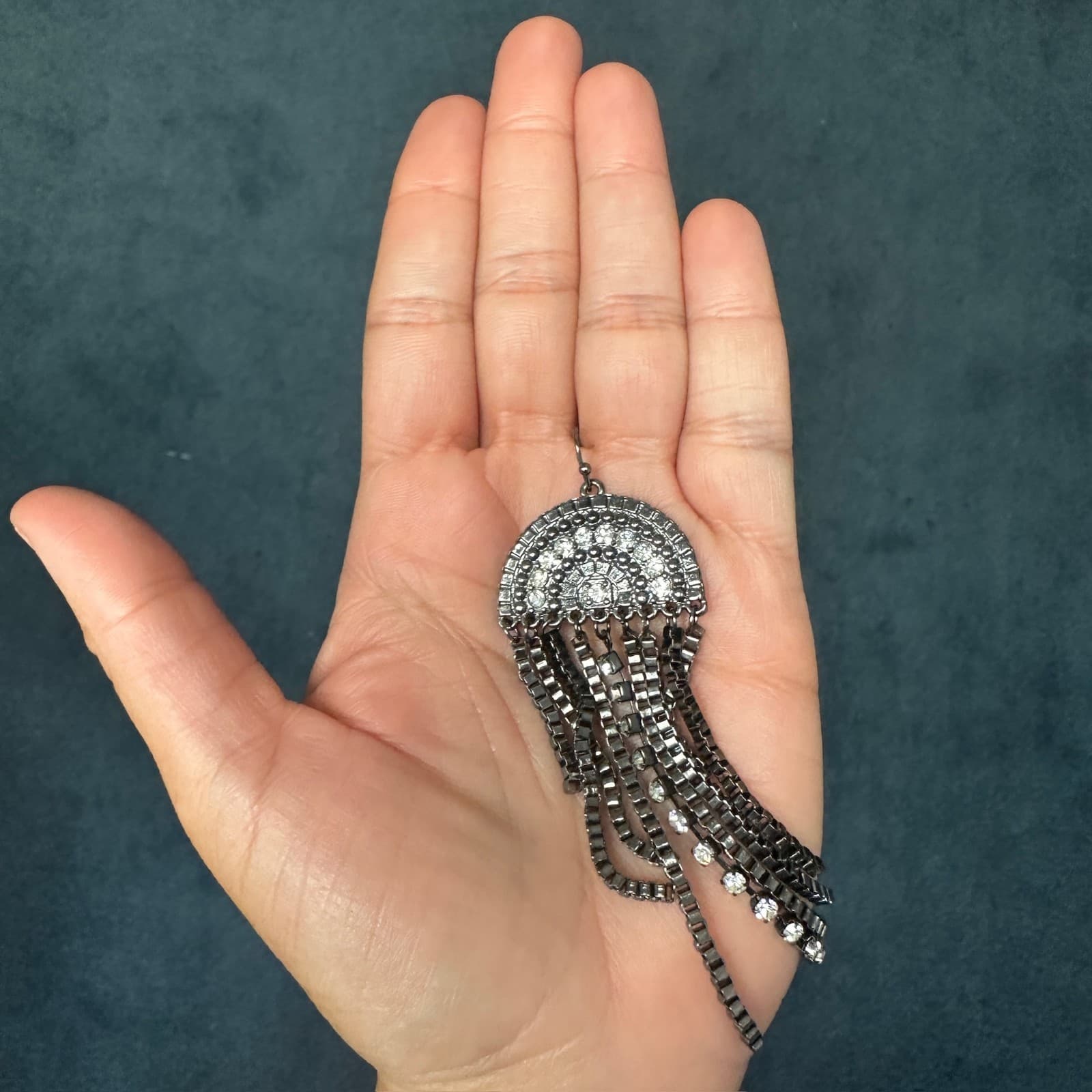 Vintage Black Dangle Glass Crystal Pageant Rhinestone Earrings Y2K 90s 2000s - Thumbnail 5