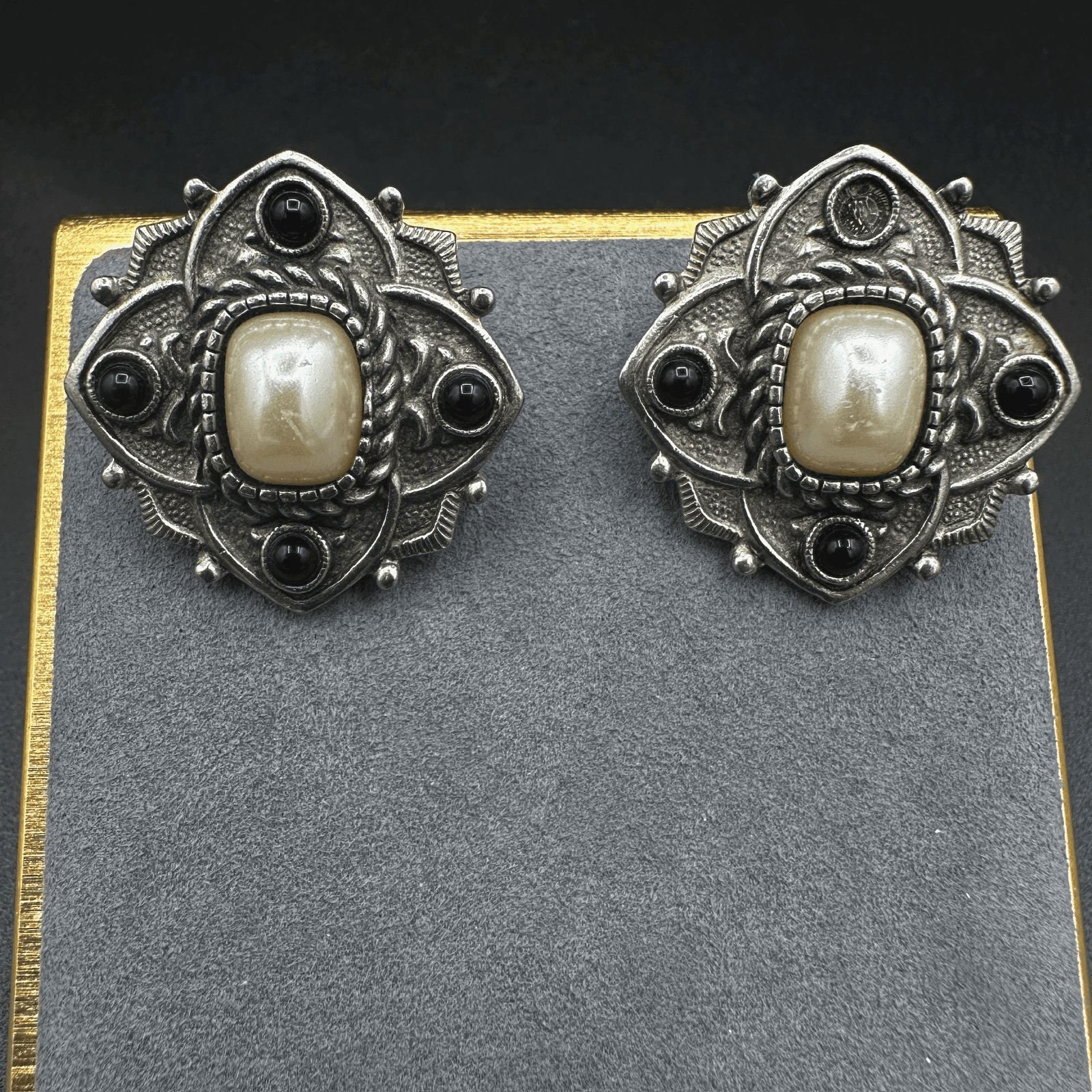 Vintage Ornate Clip-On Earrings White Stones Boho Style .75'' 80s 90s - Image 1