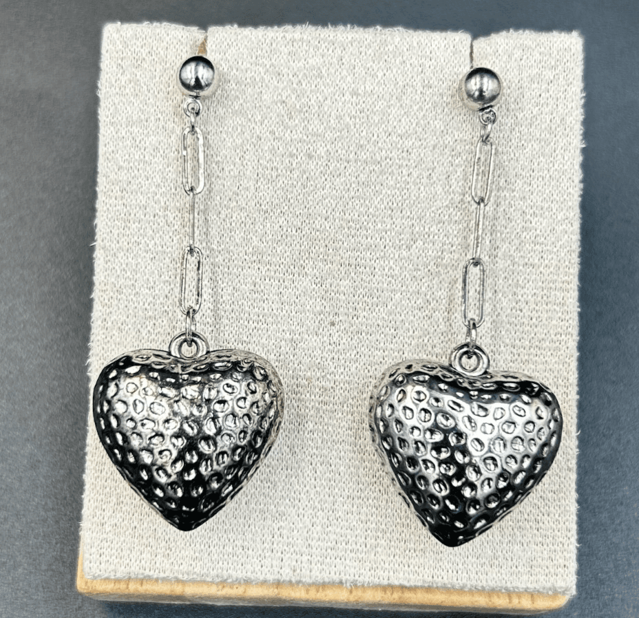 Vintage White Gold Diamond Cut Heart Dangling Hook Earrings Bohemian Y2K 90s - Image 1