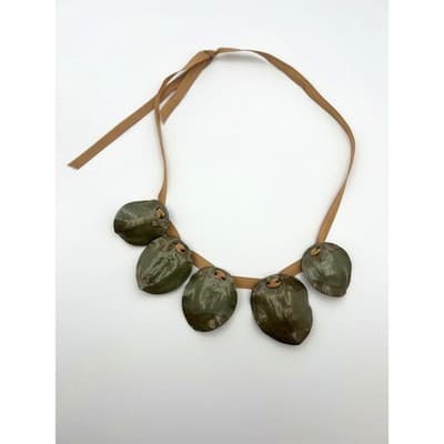 Necklace Olive Green Earthy Statement Organic Ceramic Style Ribbon Adjustable - Thumbnail 7
