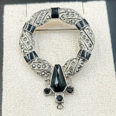 Vintage Enamel & Lucite Teardrop Silver Pin Brooch Black Statement Chunky Y2K - Image 1