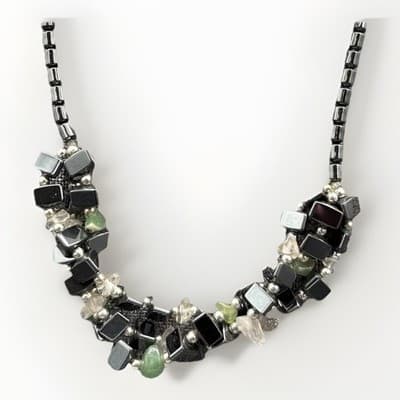 Vintage Chunky Hematite Gemstone Cluster Necklace Green Aventurine Quartz Boho - Image 1