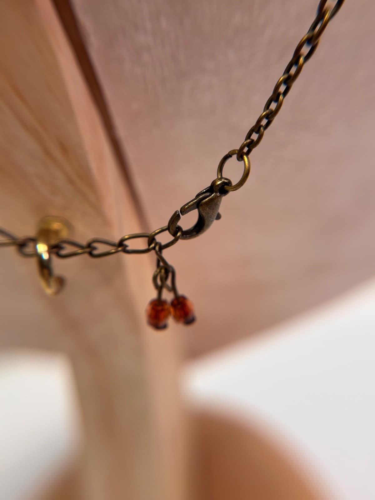 Vintage Bronze Tone Necklace w/ Amber & Red Glass Beads Pendant - Thumbnail 9