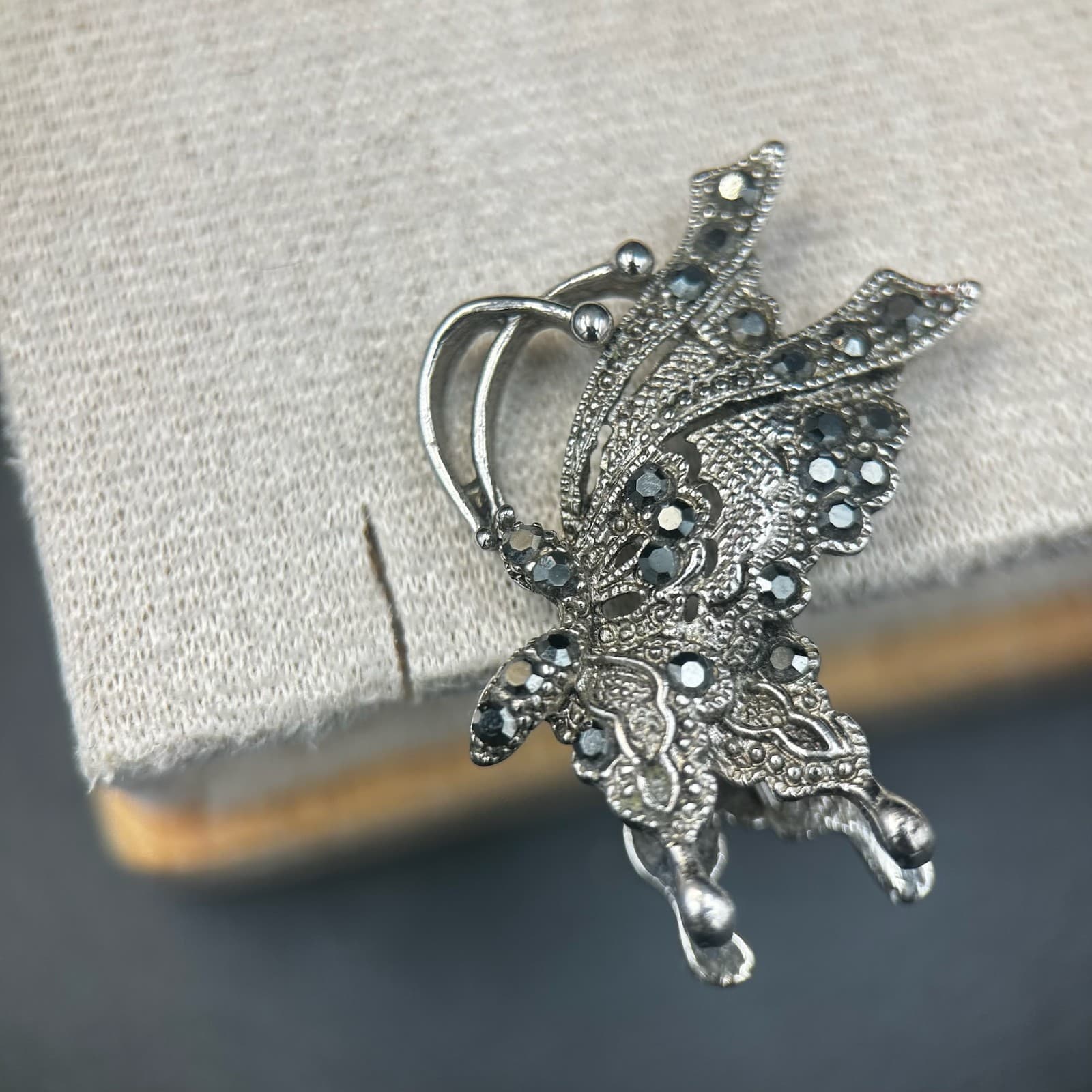 Vintage Butterfly Brooch Pin Silver Tone w/ Black Crystal Accents Y2K 90s 2000s - Thumbnail 2