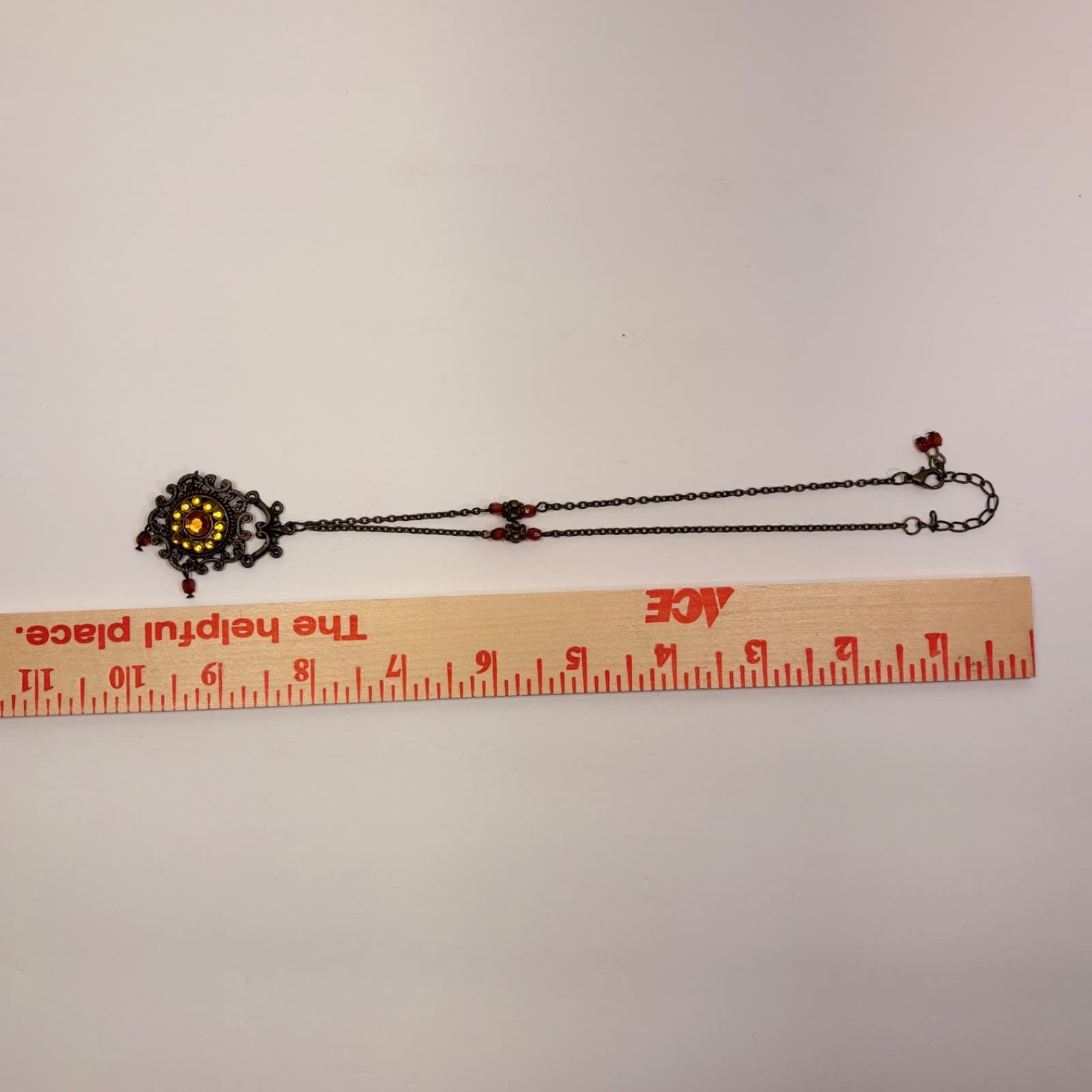 Vintage Bronze Tone Necklace w/ Amber & Red Glass Beads Pendant - Thumbnail 10