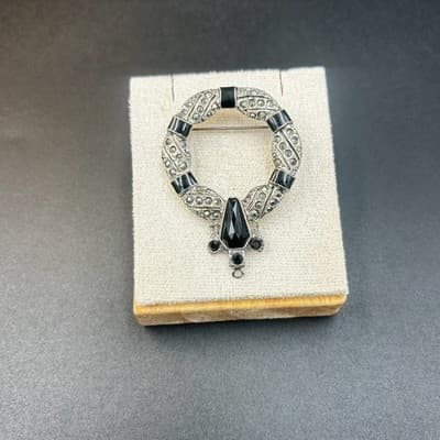 Vintage Enamel & Lucite Teardrop Silver Pin Brooch Black Statement Chunky Y2K - Thumbnail 2