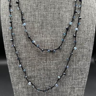 Vintage Handmade Black Cord Necklace with Iridescent Blue Beads Layered Boho - Image 1