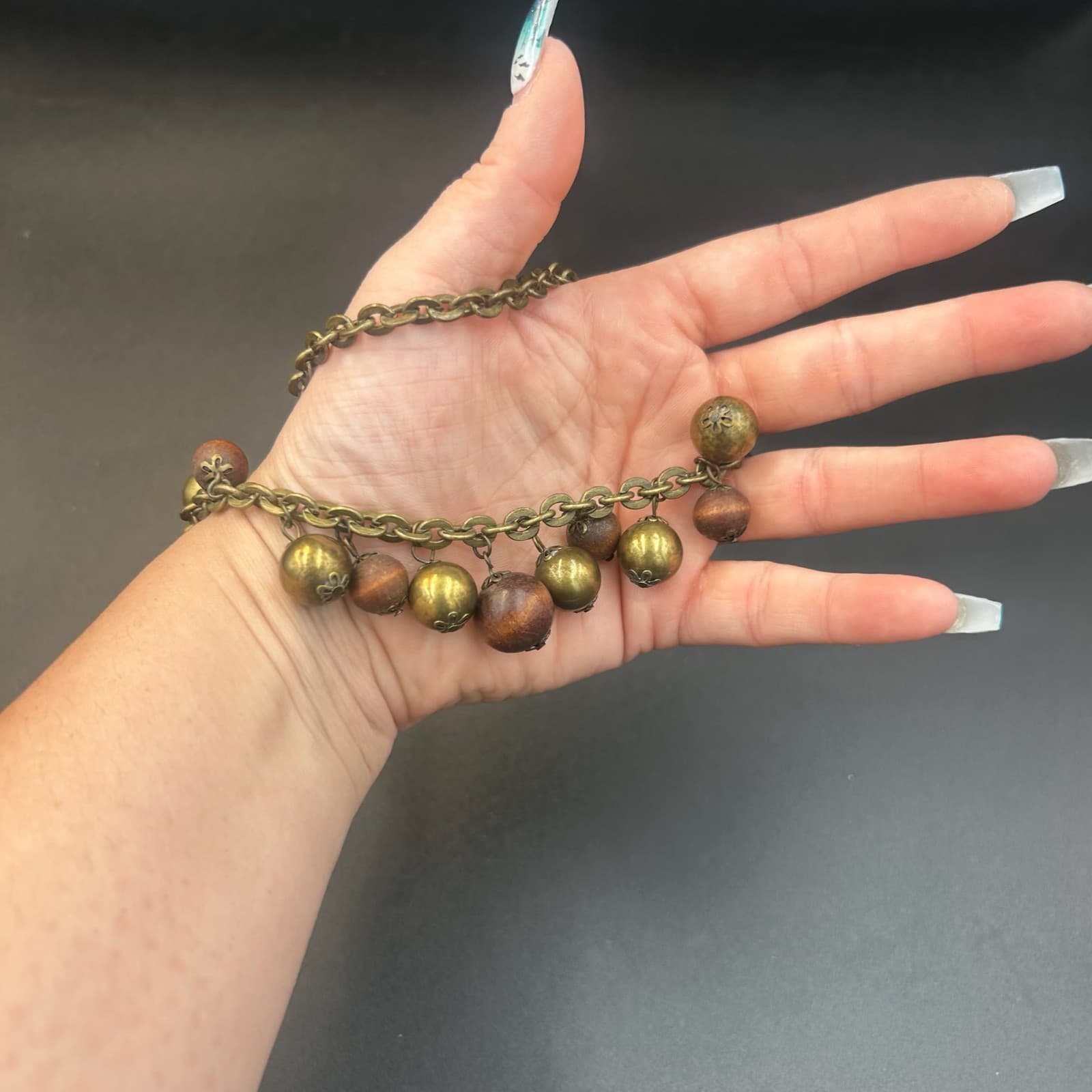 Vintage Brass Chain Necklace with Green and Red Wooden Beads 19" Y2K 90s 2000s - Thumbnail 2