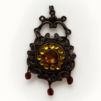 Vintage Bronze Tone Necklace w/ Amber & Red Glass Beads Pendant - Image 1
