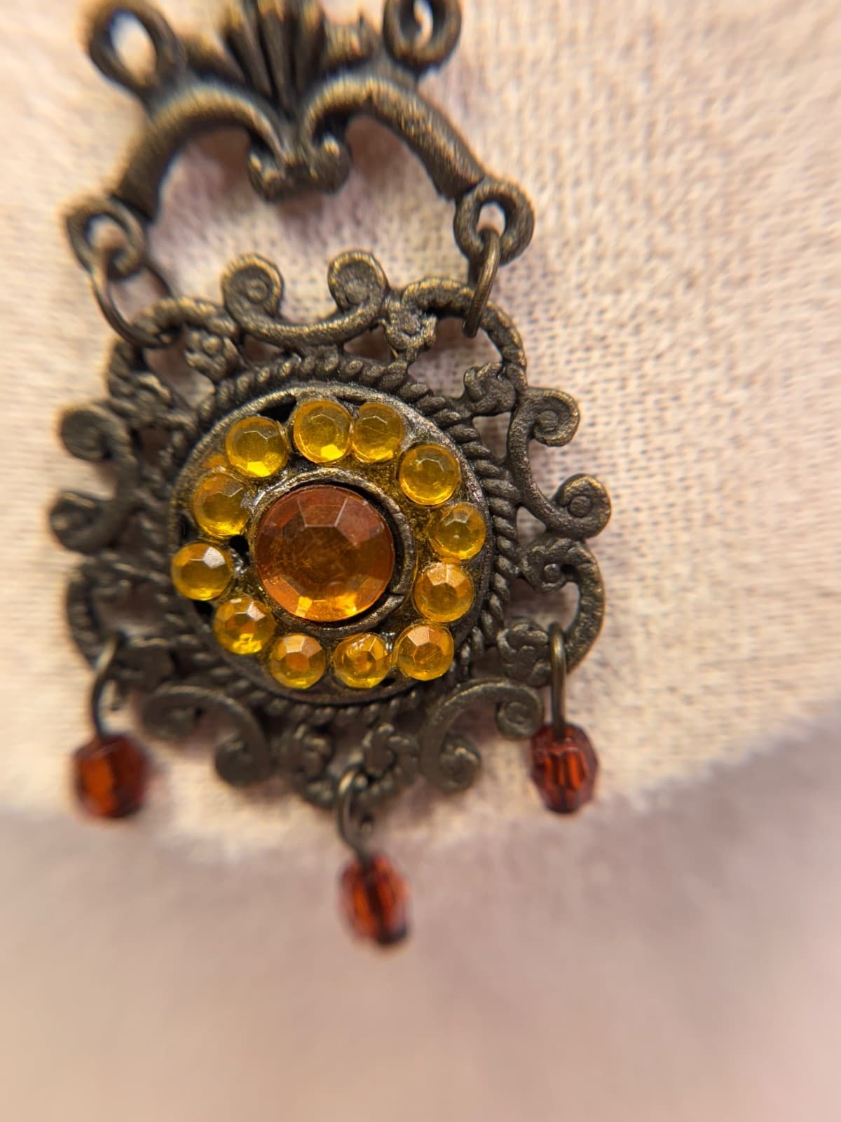 Vintage Bronze Tone Necklace w/ Amber & Red Glass Beads Pendant - Thumbnail 6