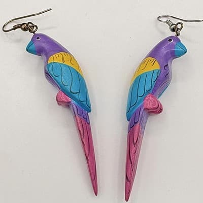 Vintage Colorful Hand-Painted Carved Wood Parrot Bird Dangle Earrings Maximalist - Image 1