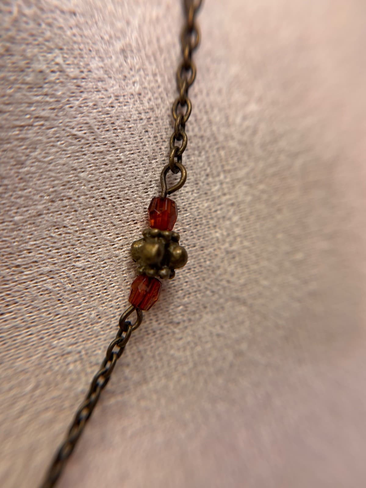 Vintage Bronze Tone Necklace w/ Amber & Red Glass Beads Pendant - Thumbnail 8