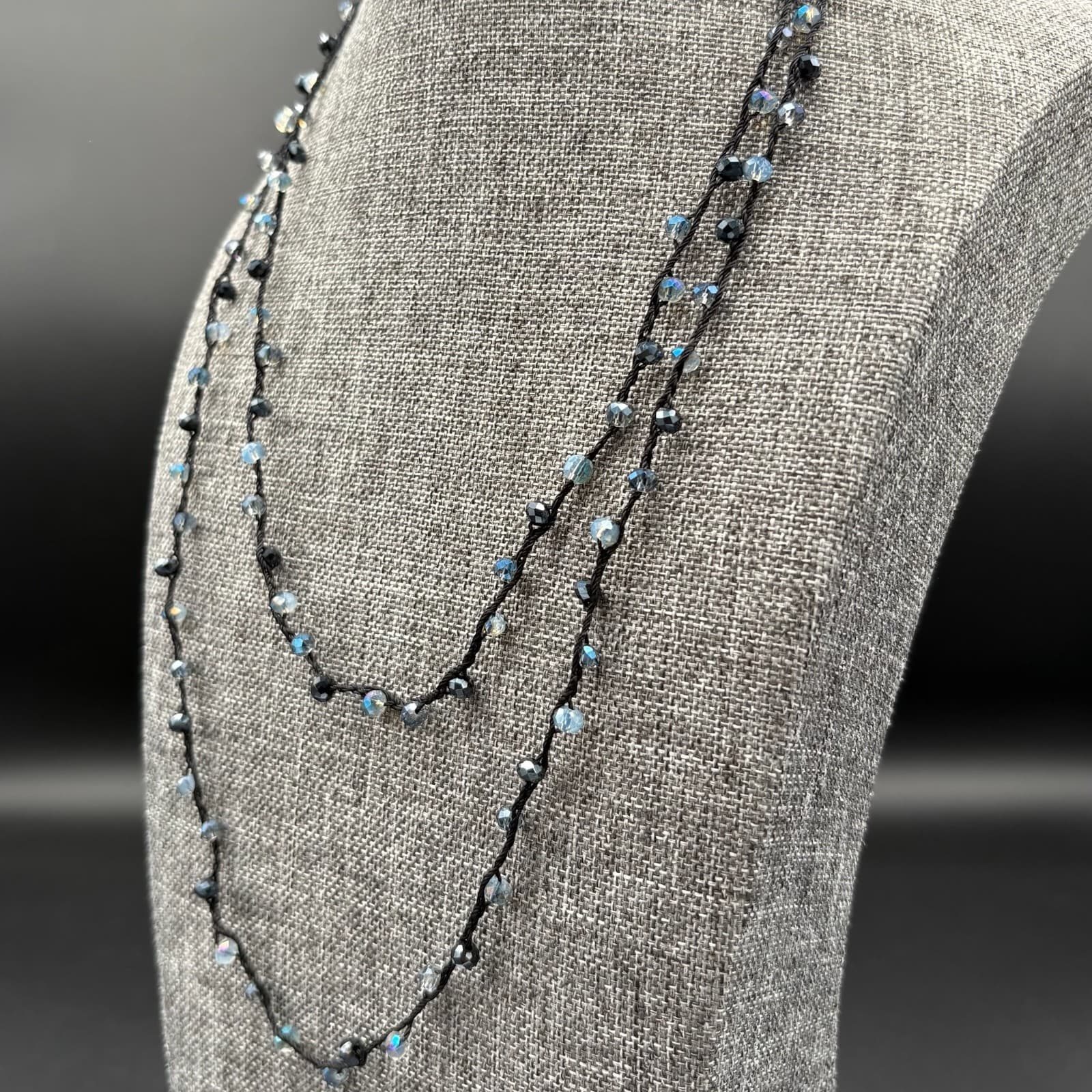 Vintage Handmade Black Cord Necklace with Iridescent Blue Beads Layered Boho - Thumbnail 4