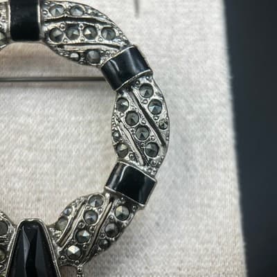 Vintage Enamel & Lucite Teardrop Silver Pin Brooch Black Statement Chunky Y2K - Thumbnail 4