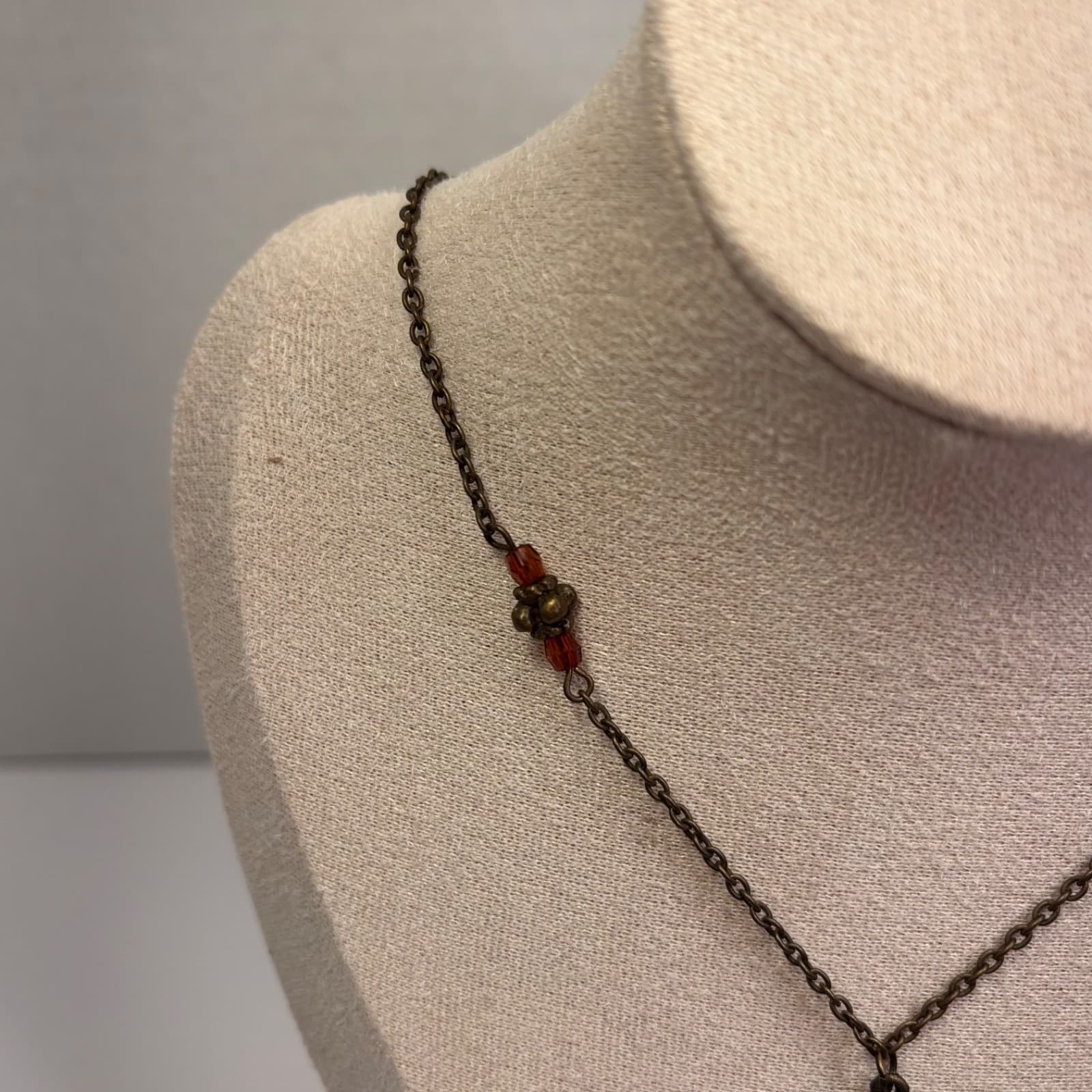 Vintage Bronze Tone Necklace w/ Amber & Red Glass Beads Pendant - Thumbnail 5